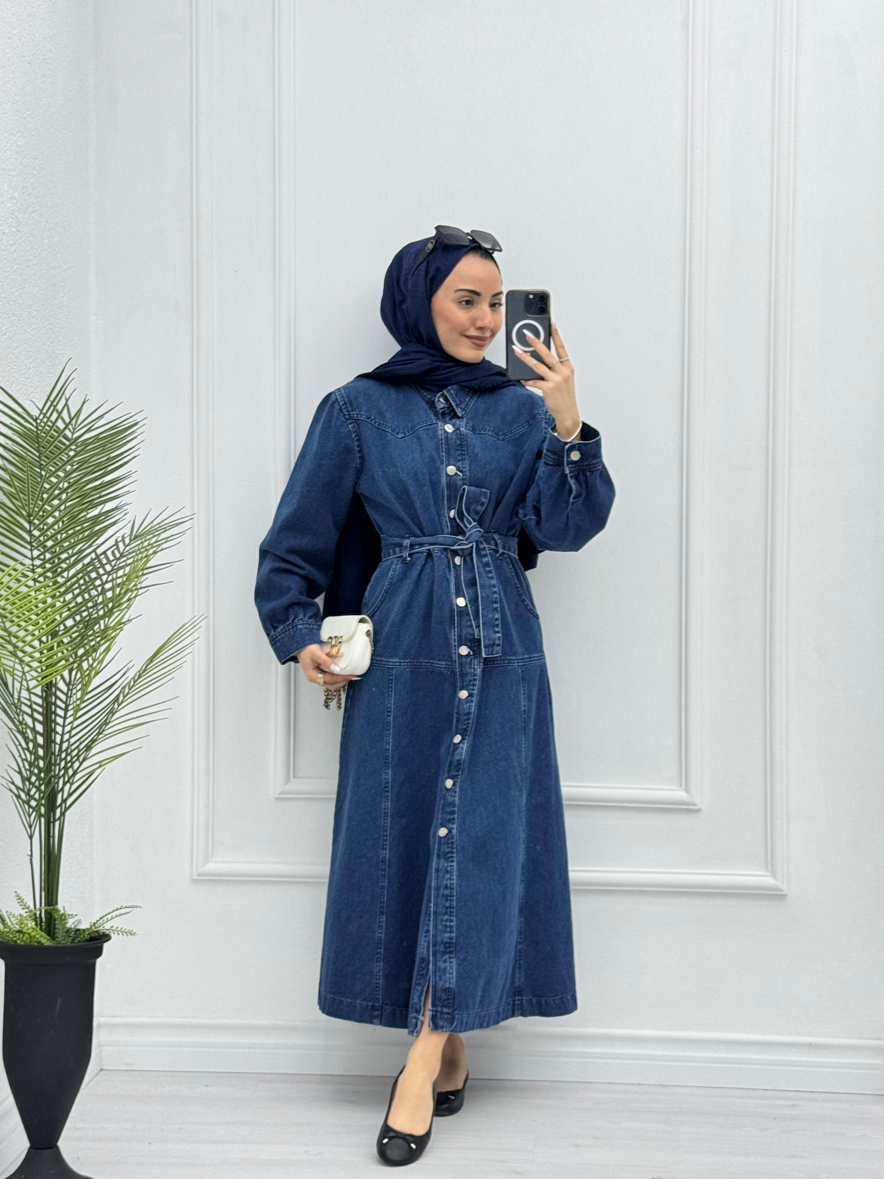 0927-Linda Denim Elbise-Koyu Mavi