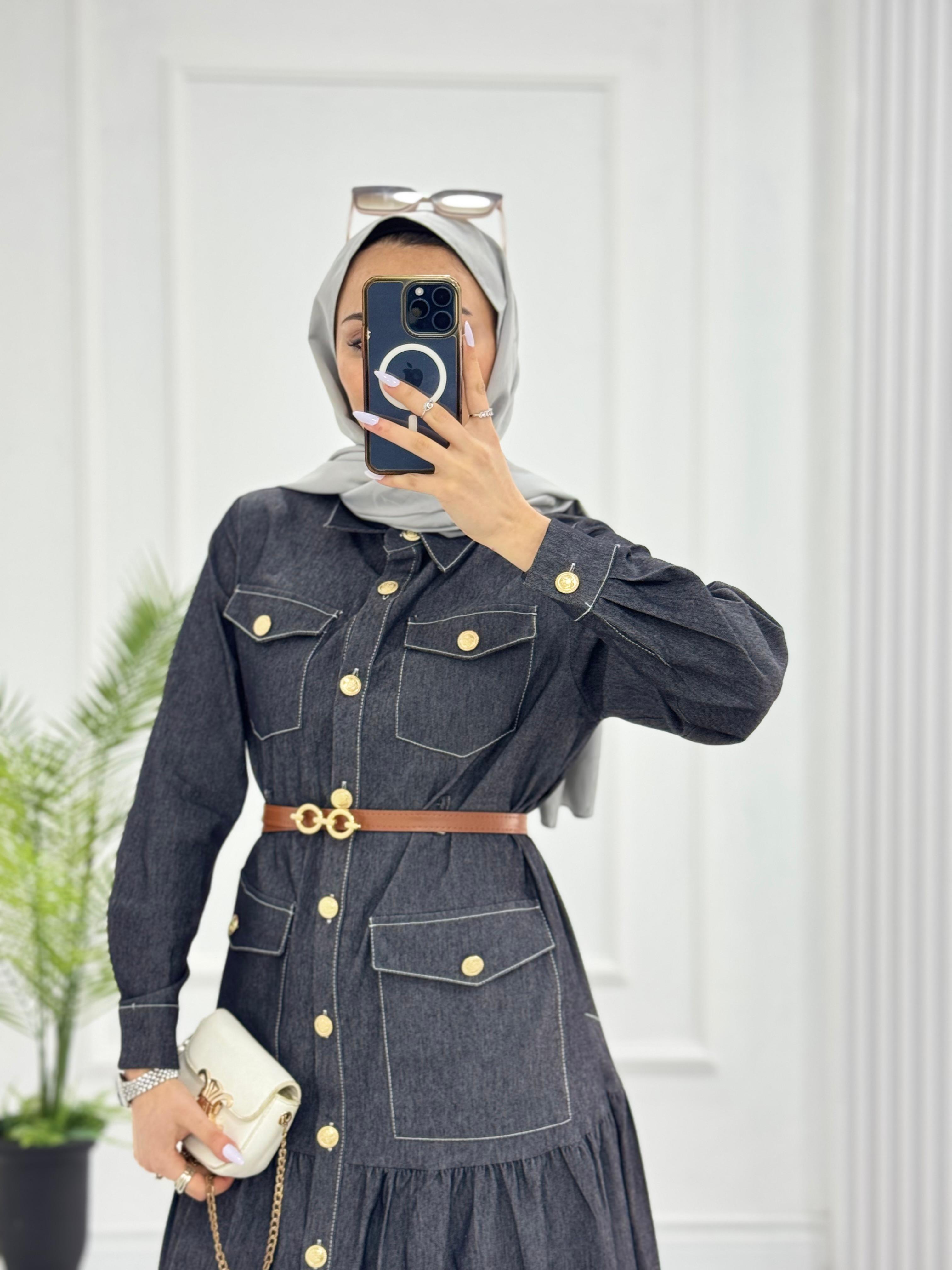 0983-Yazlık Denim Elbise-Gri