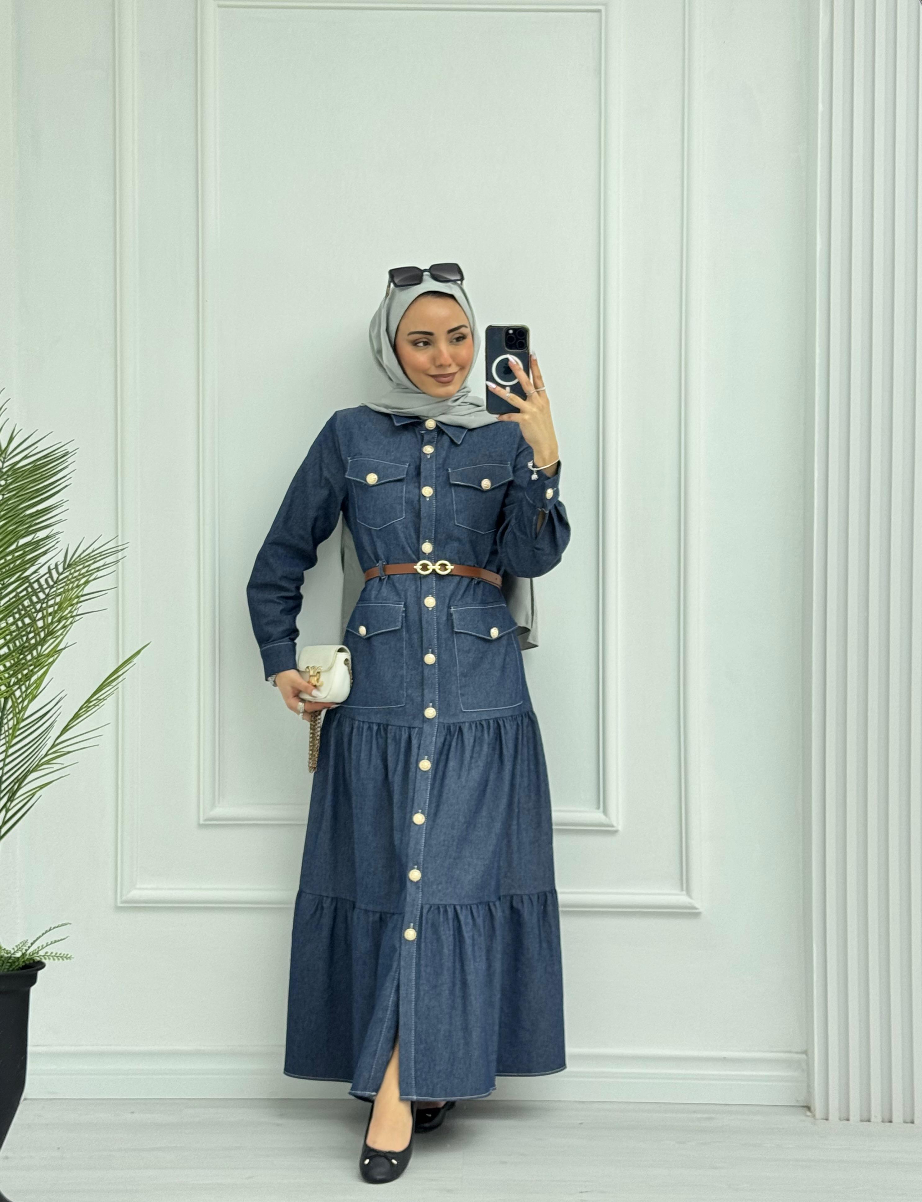 0983-Yazlık Denim Elbise-Mavi