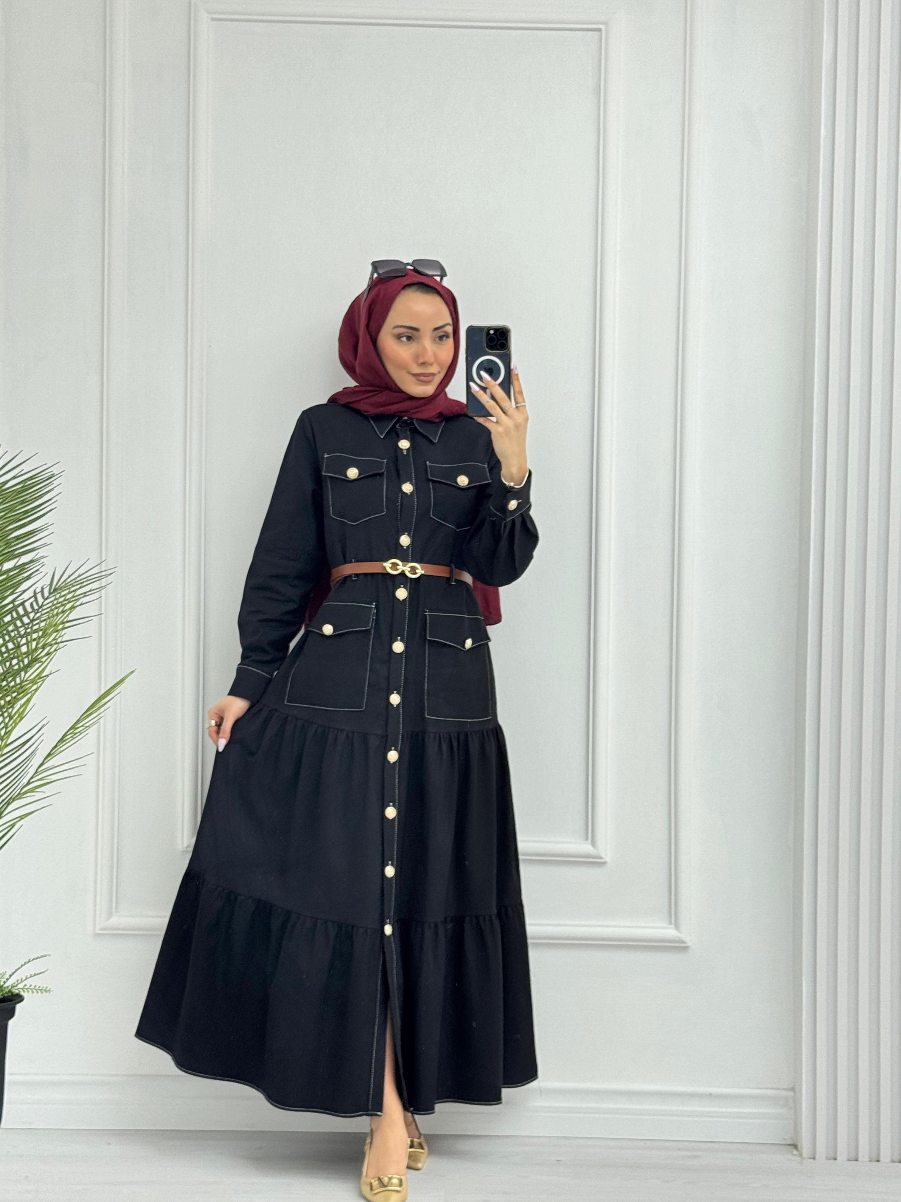 0983-Yazlık Denim Elbise-Siyah