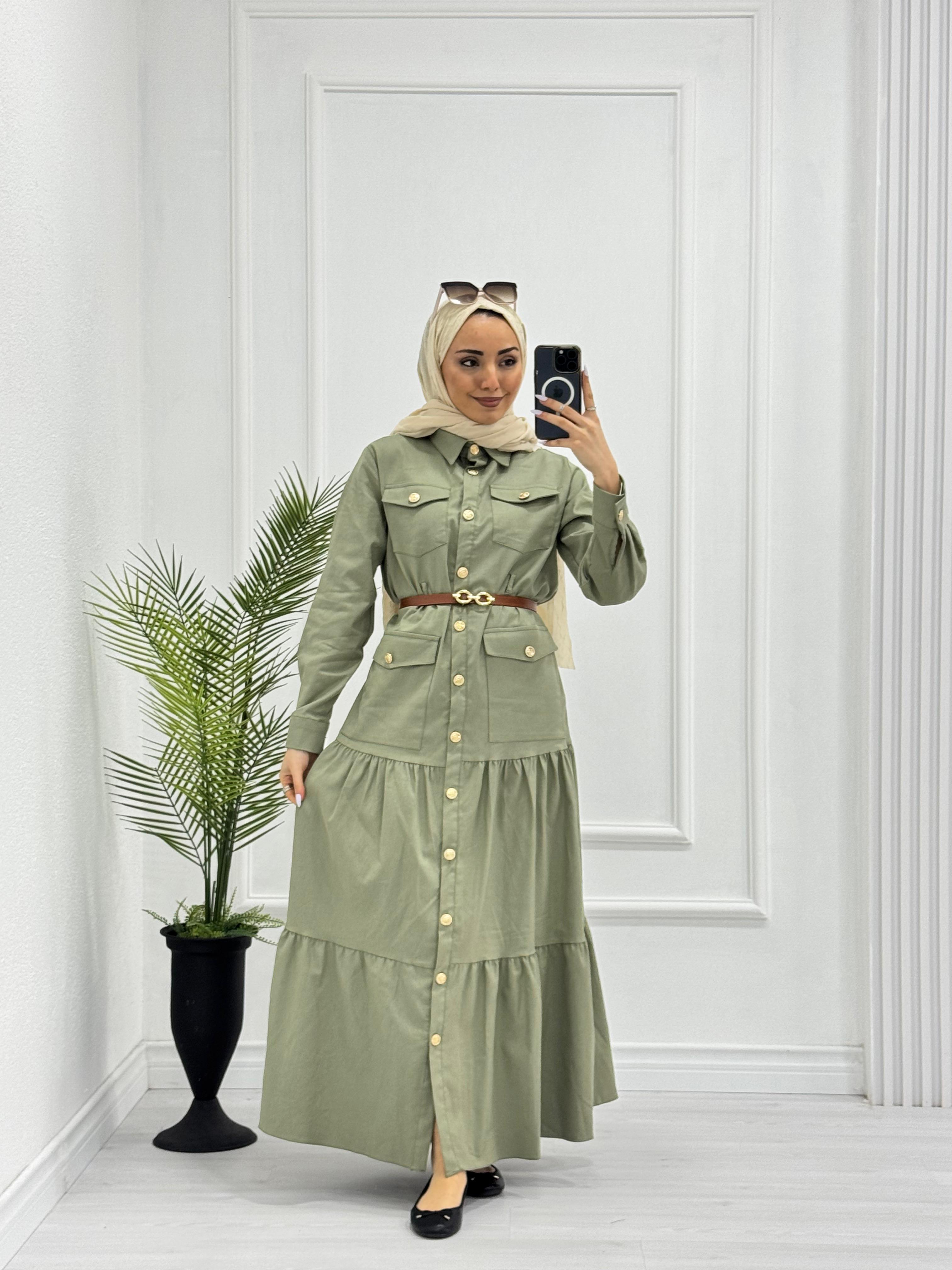 0983-Yazlık Denim Elbise-Yeşil