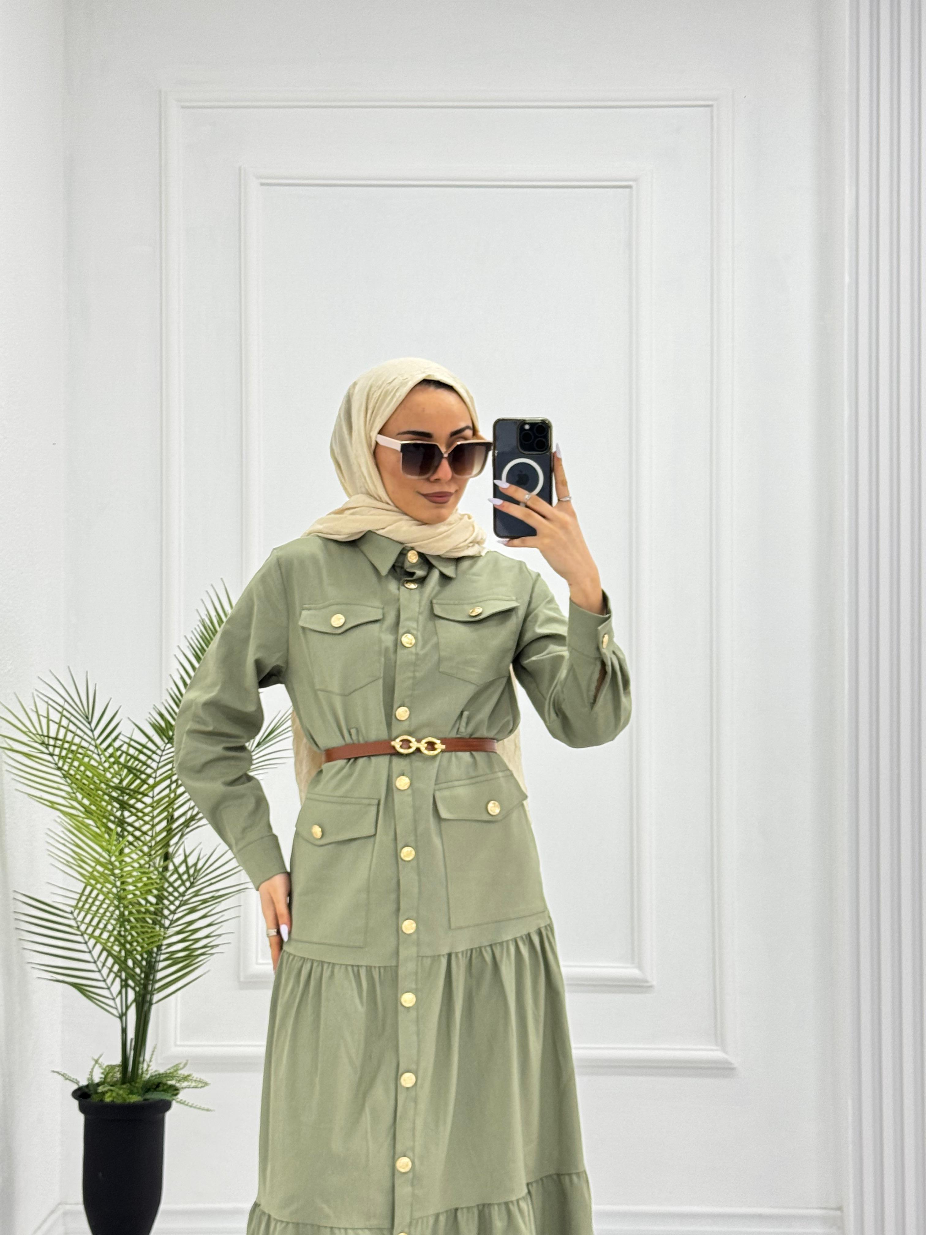 0983-Yazlık Denim Elbise-Yeşil