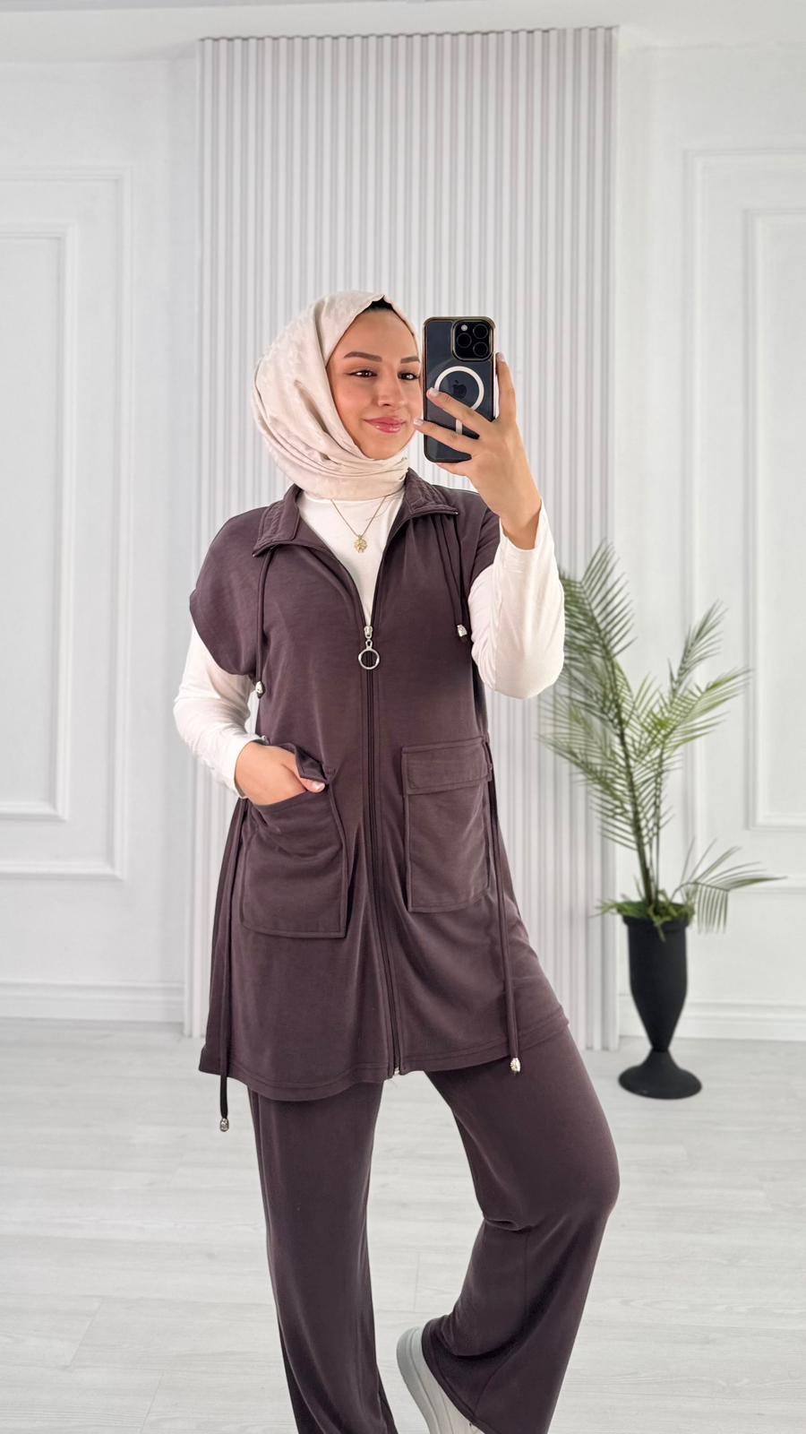 1053-Yelek Takım-Koyu Kahverengi