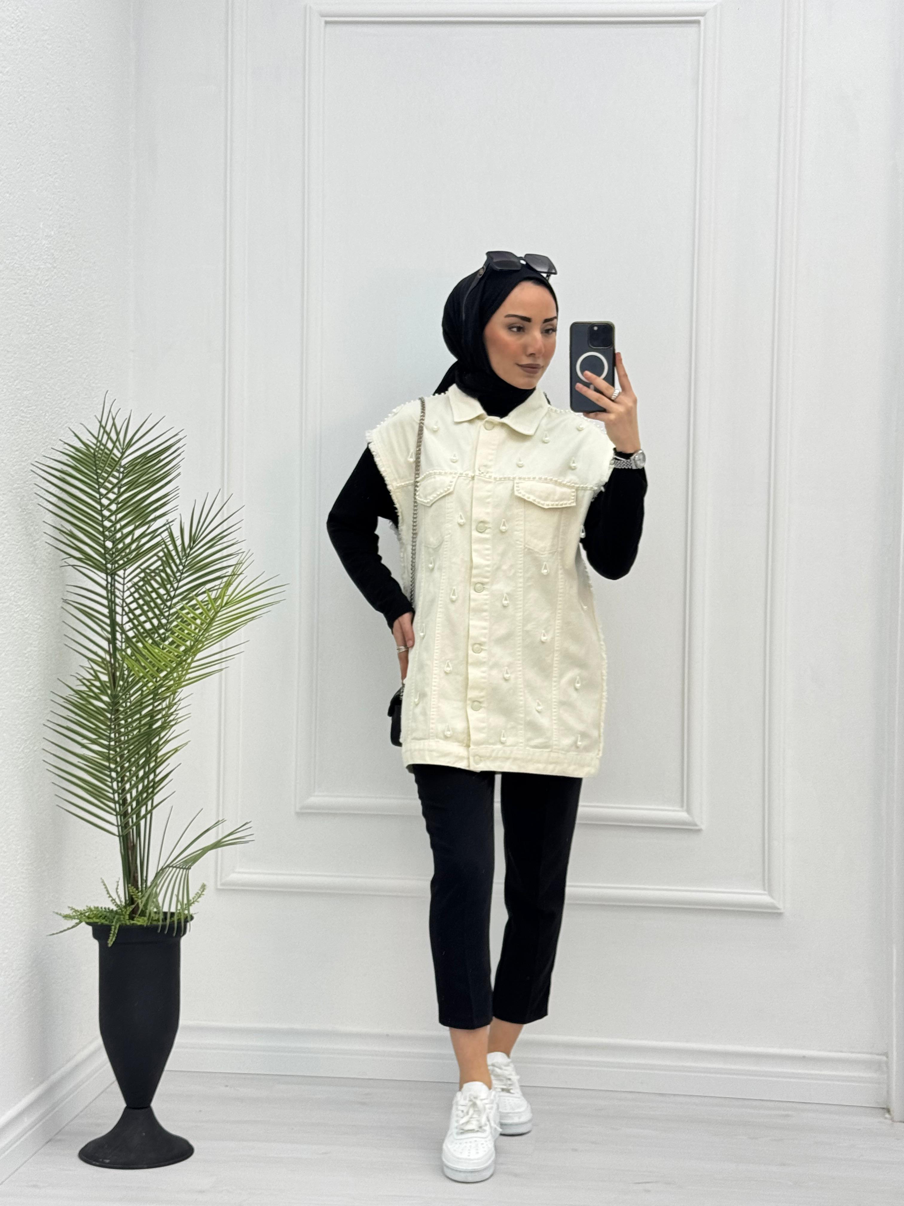 1066-Denim Yelek-Beyaz