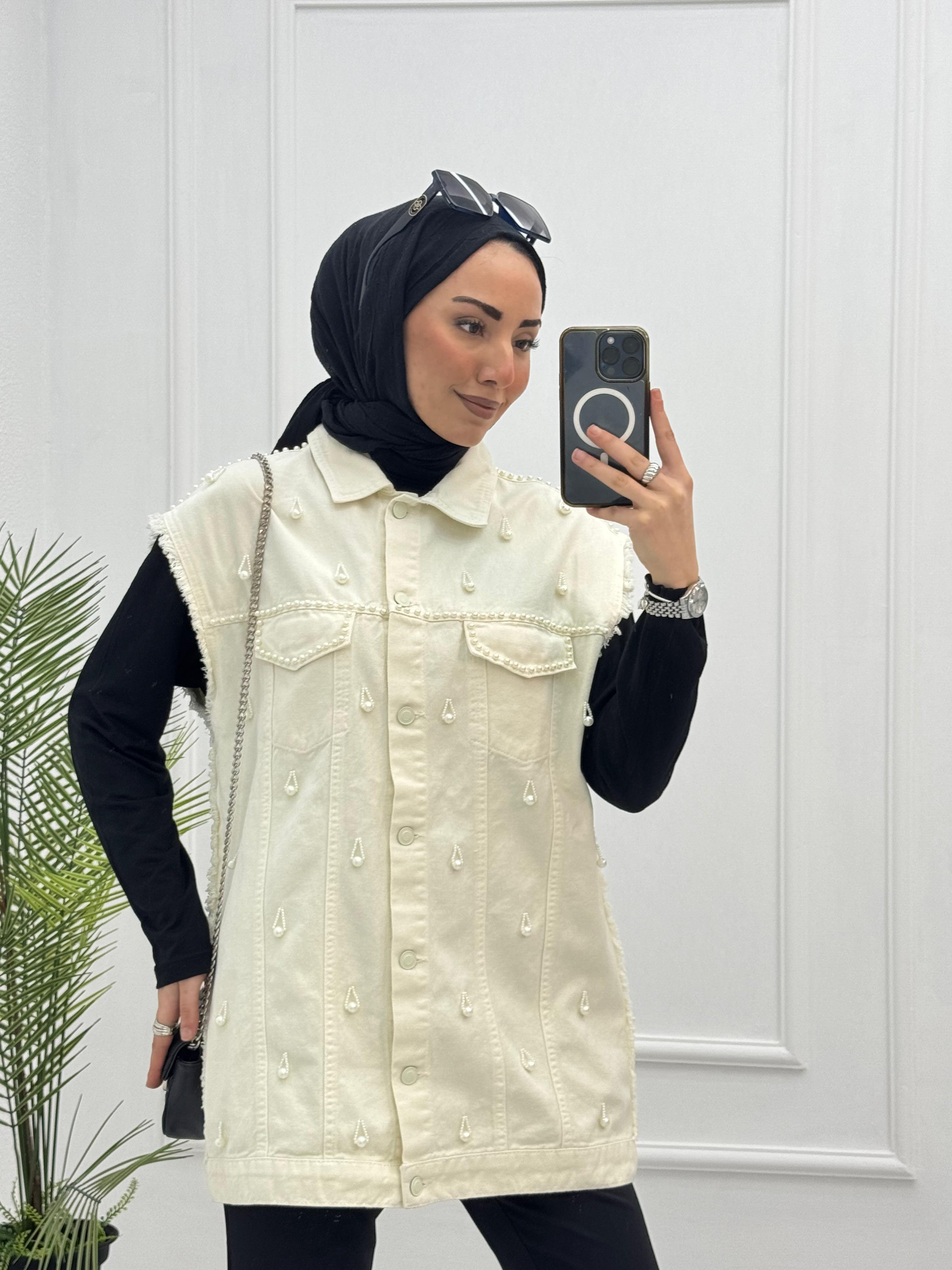 1066-Denim Yelek-Beyaz