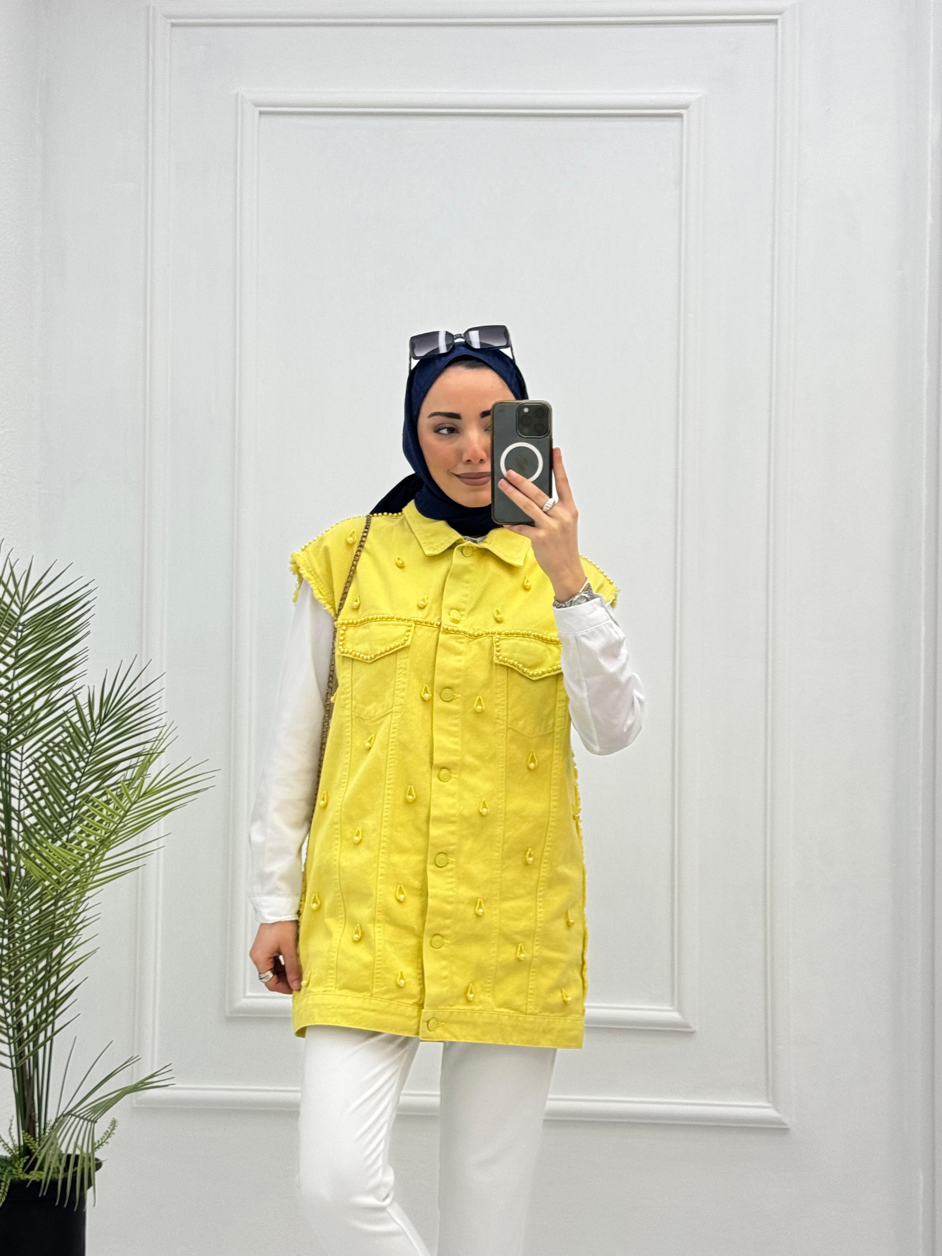 1066-Denim Yelek-Sarı