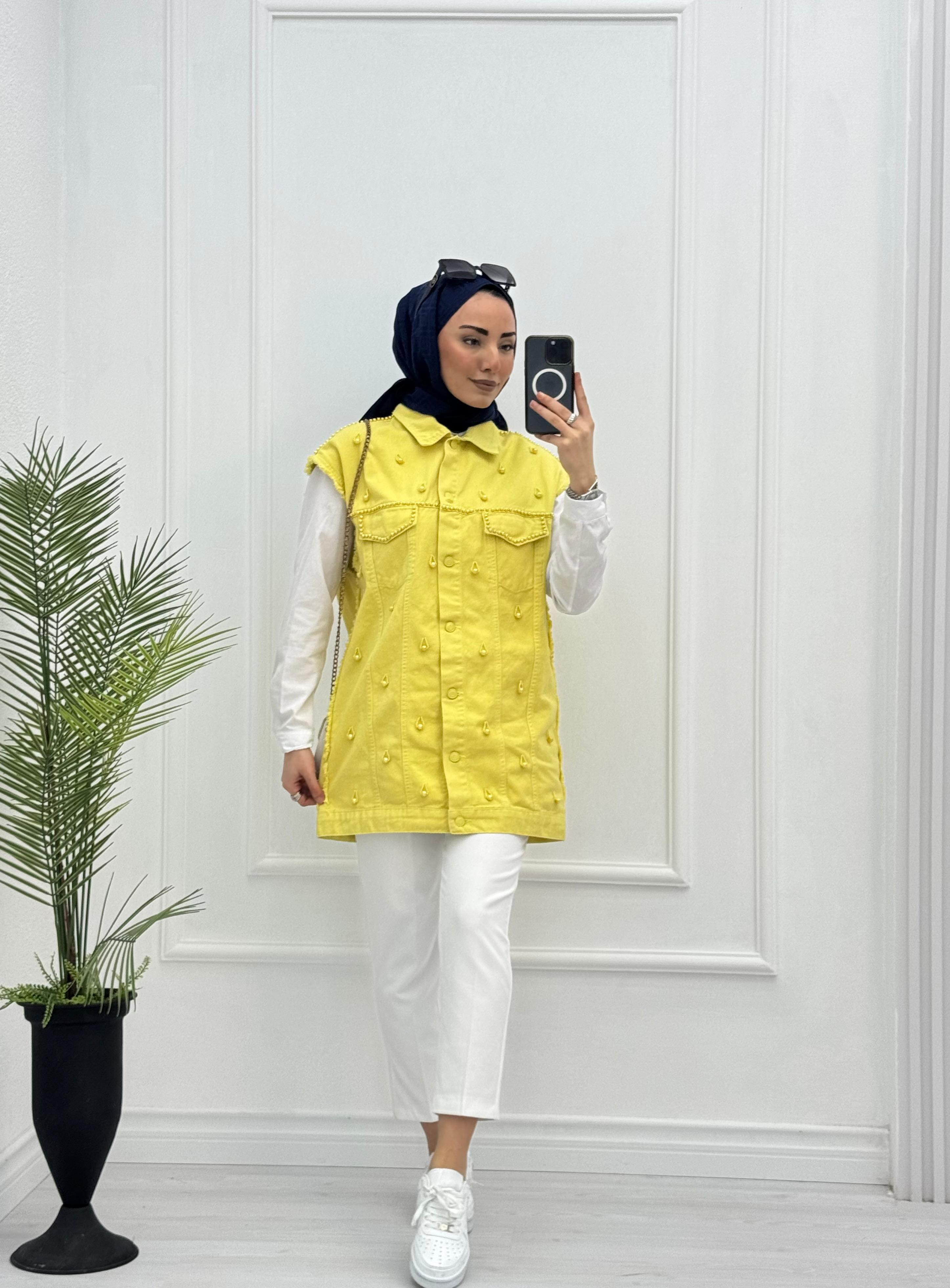1066-Denim Yelek-Sarı