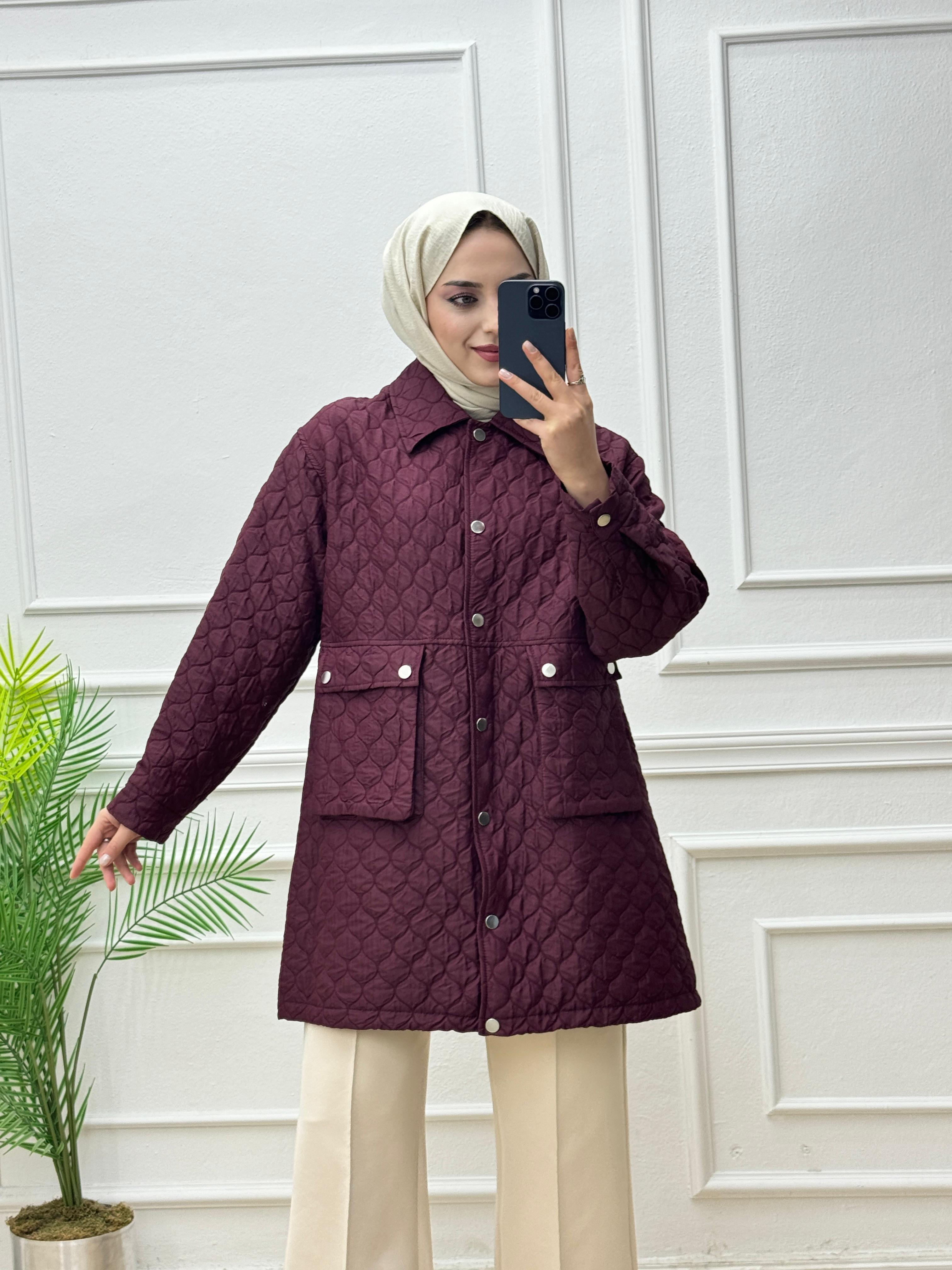 1129-Kapitone Uzun Ceket-Bordo