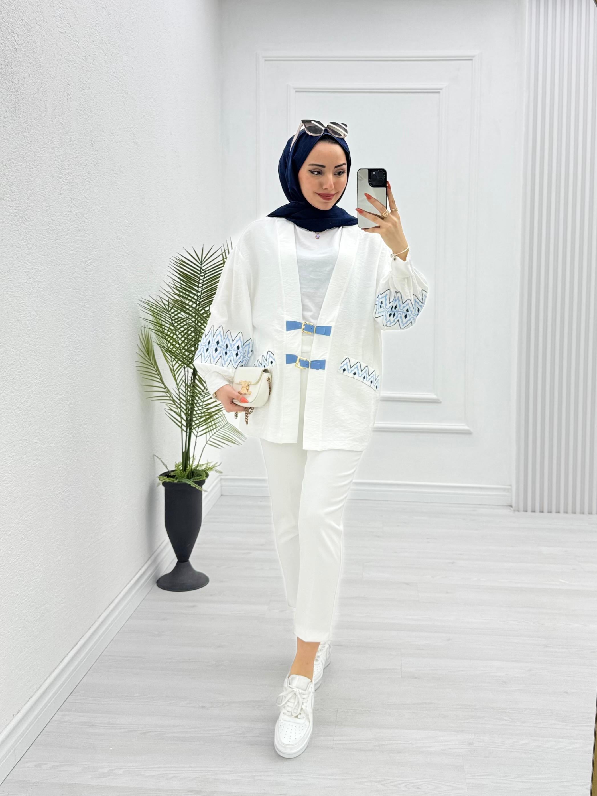 1232-Keten Kimono-Beyaz