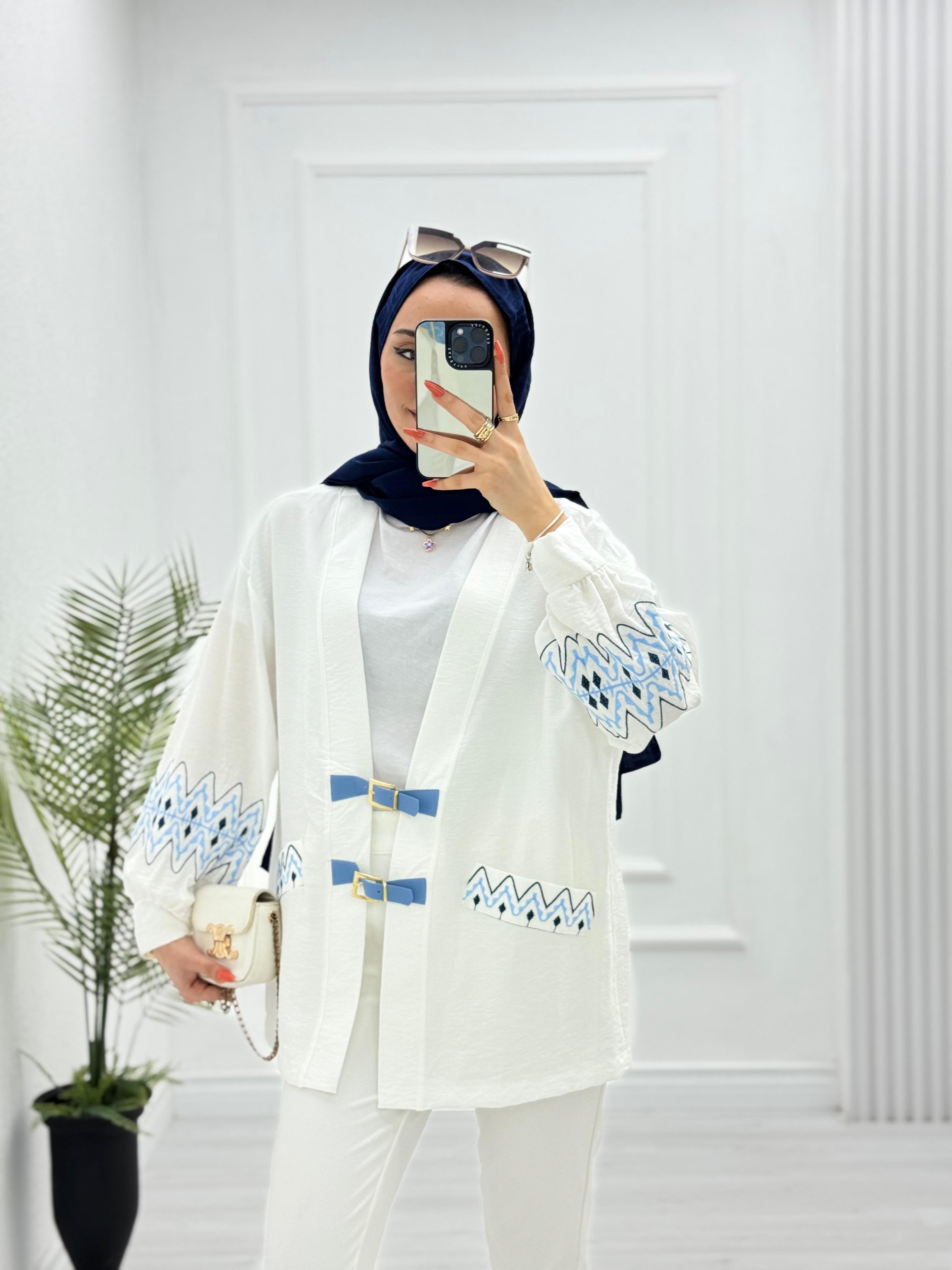 1232-Keten Kimono-Beyaz