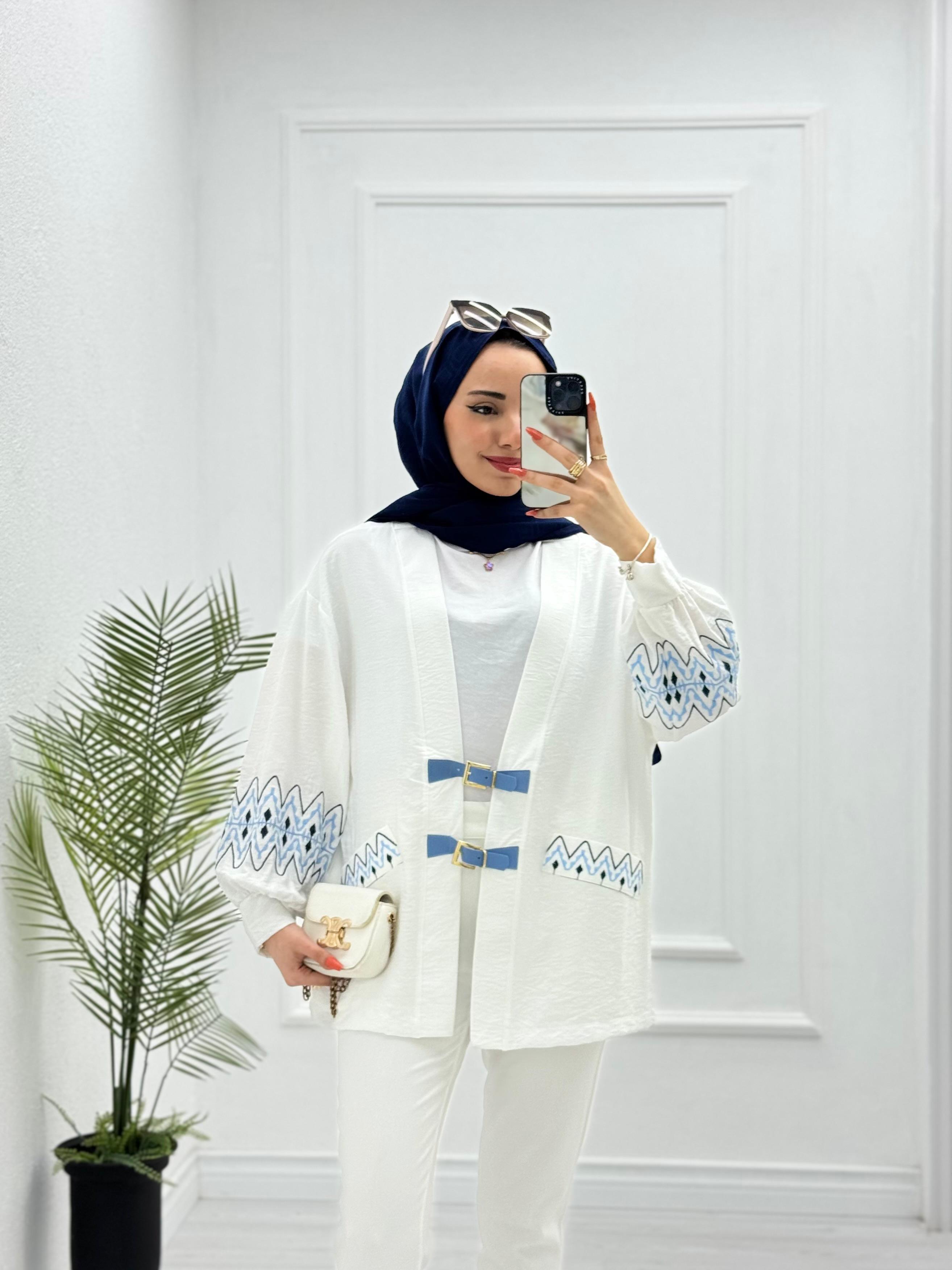 1232-Keten Kimono-Beyaz