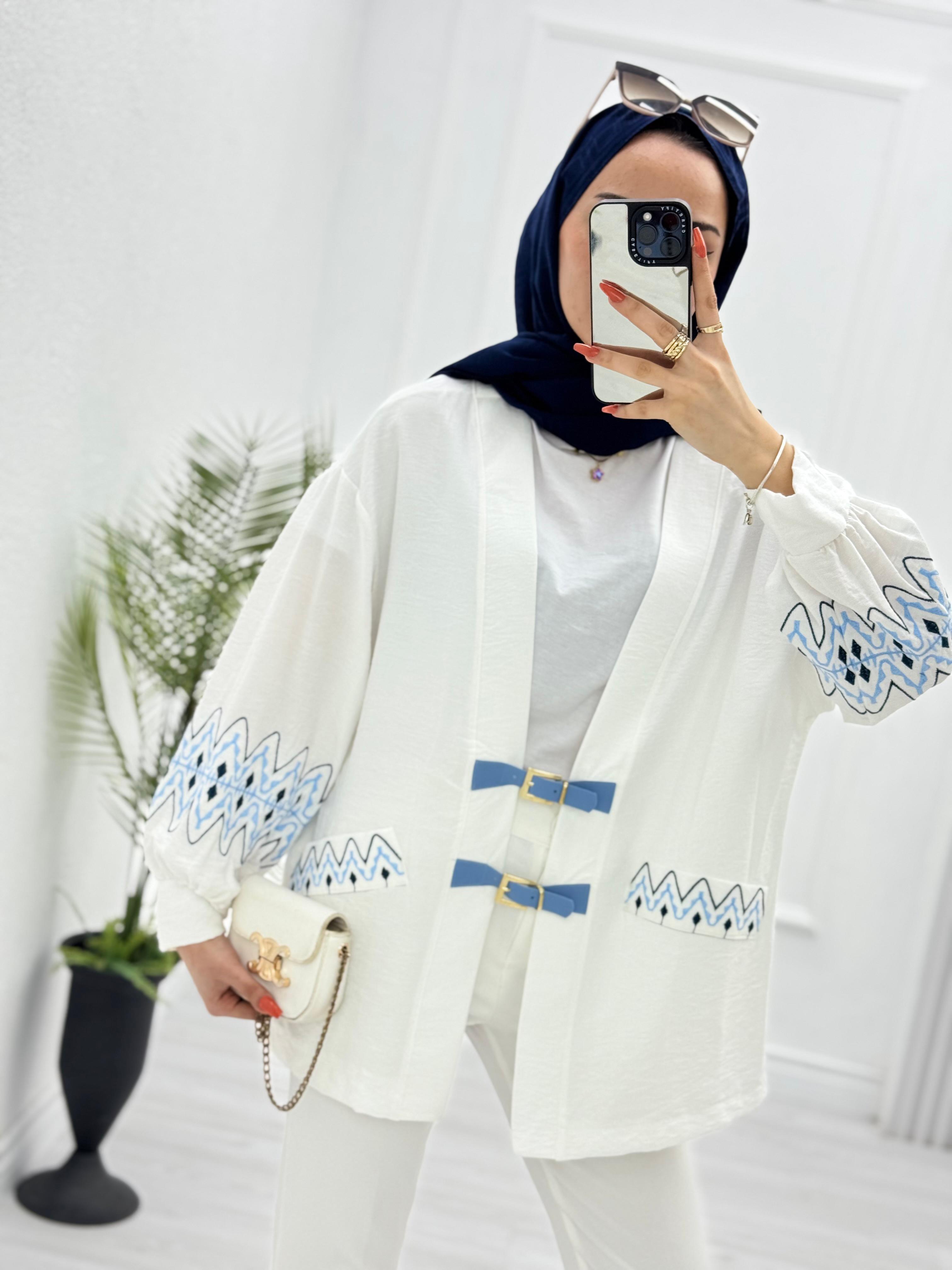 1232-Keten Kimono-Beyaz