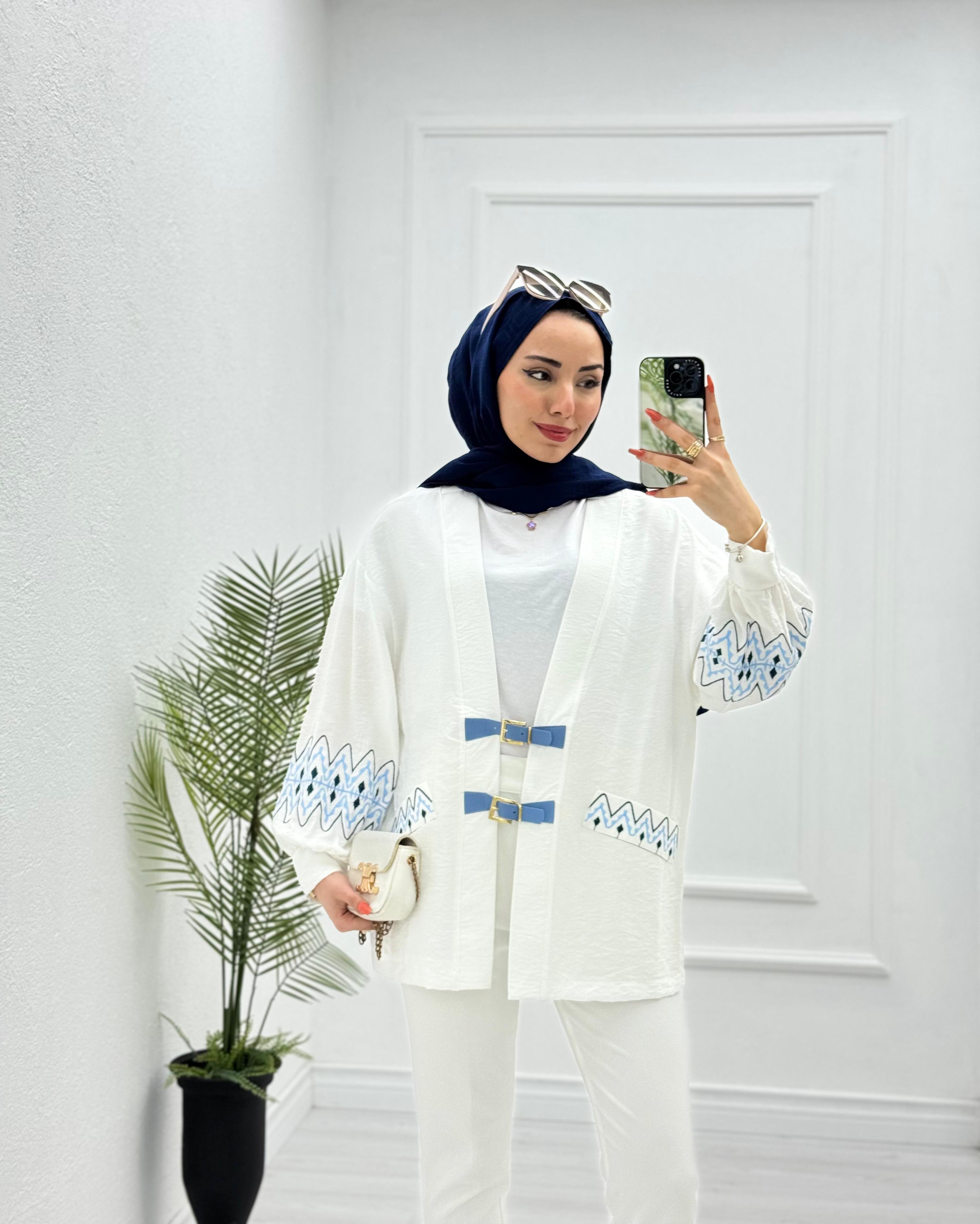 1232-Keten Kimono-Beyaz
