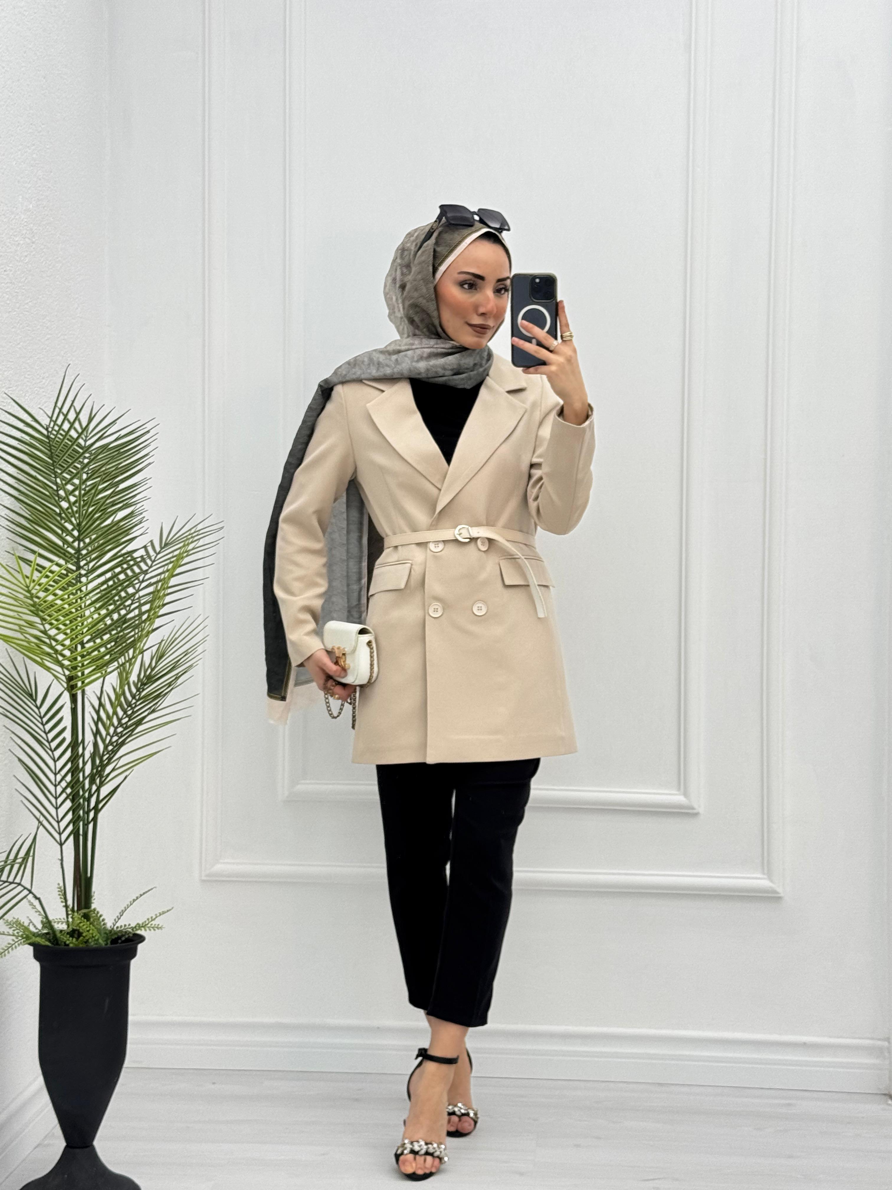 1298-Tall Blazer Ceket-Krem