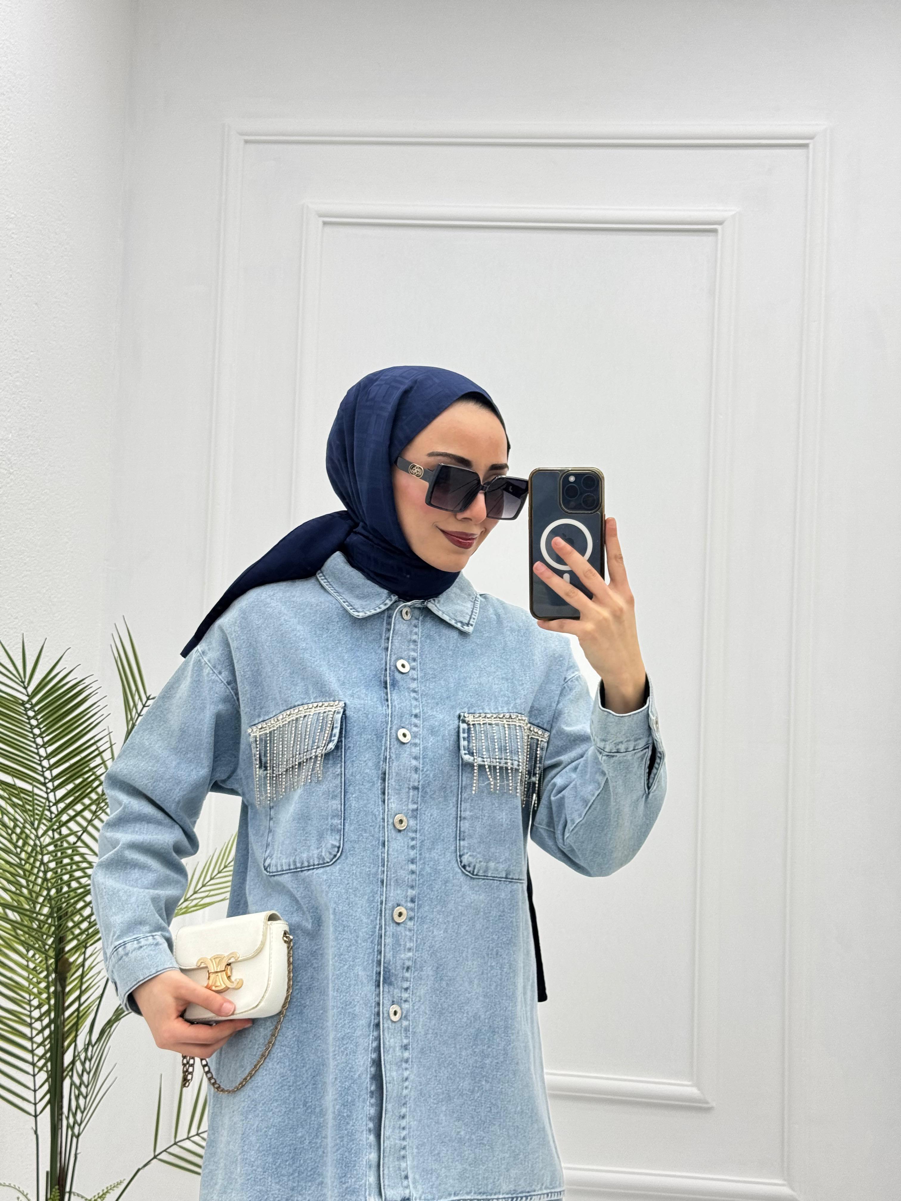 2219-Taşlı Denim Takım-Açık Mavi