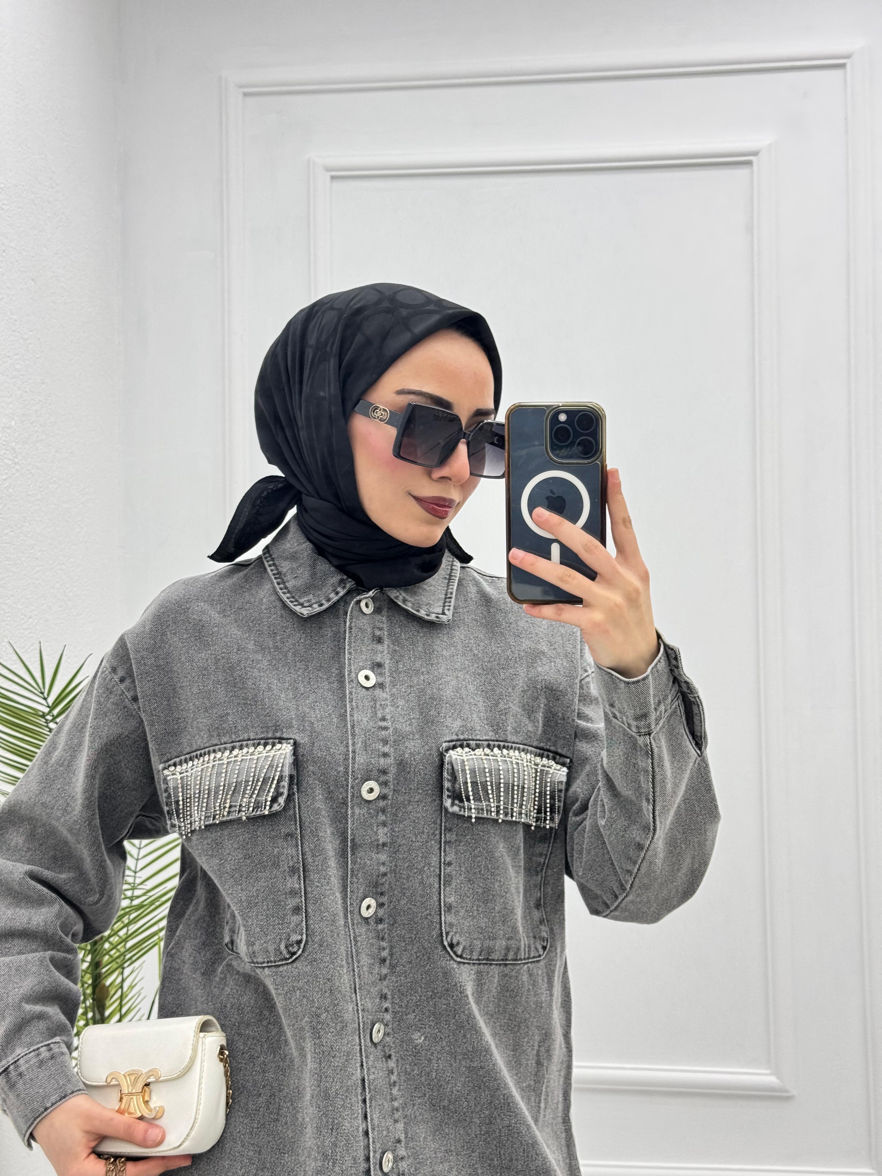 2219-Taşlı Denim Takım-Gri