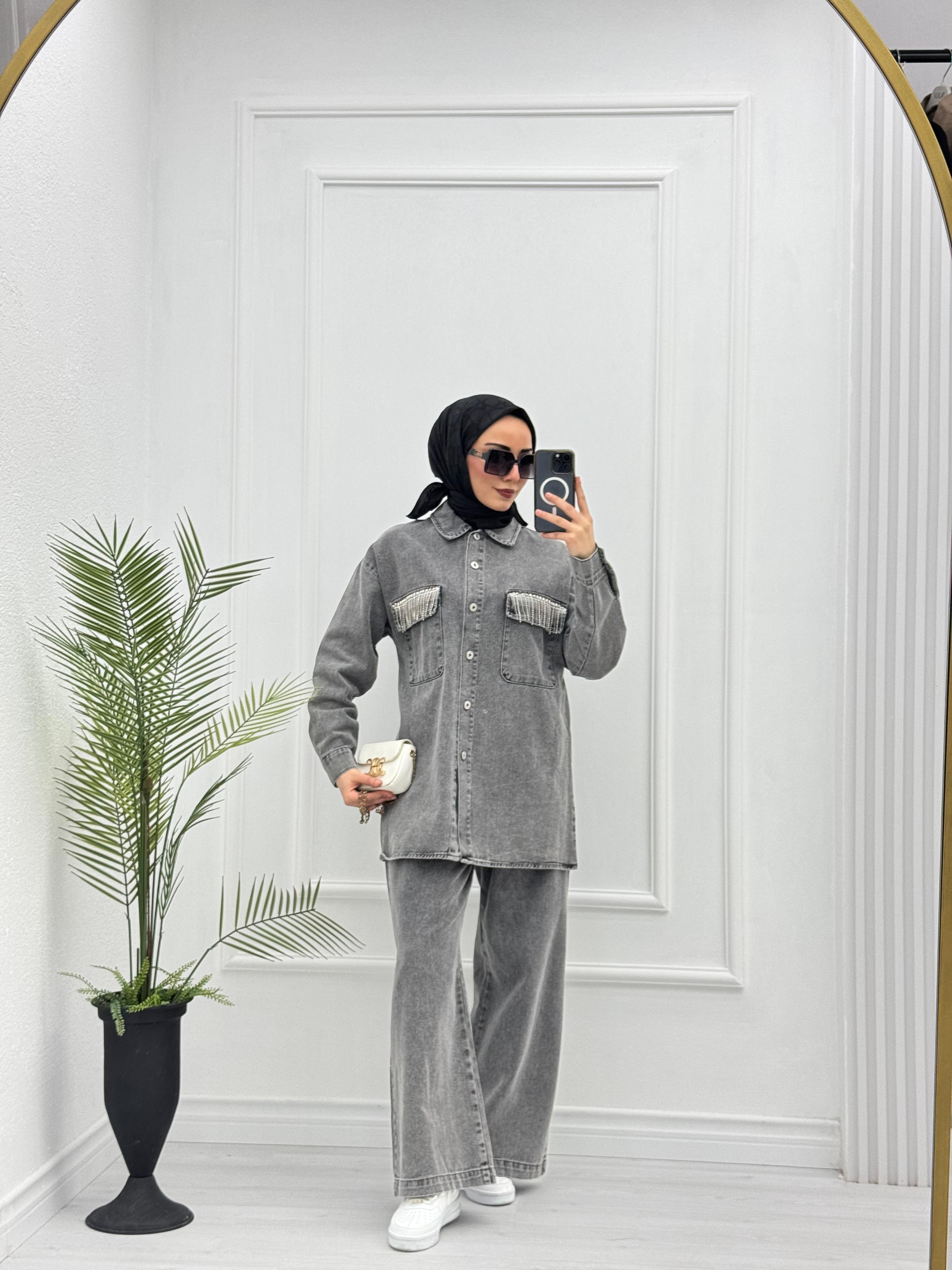 2219-Taşlı Denim Takım-Gri