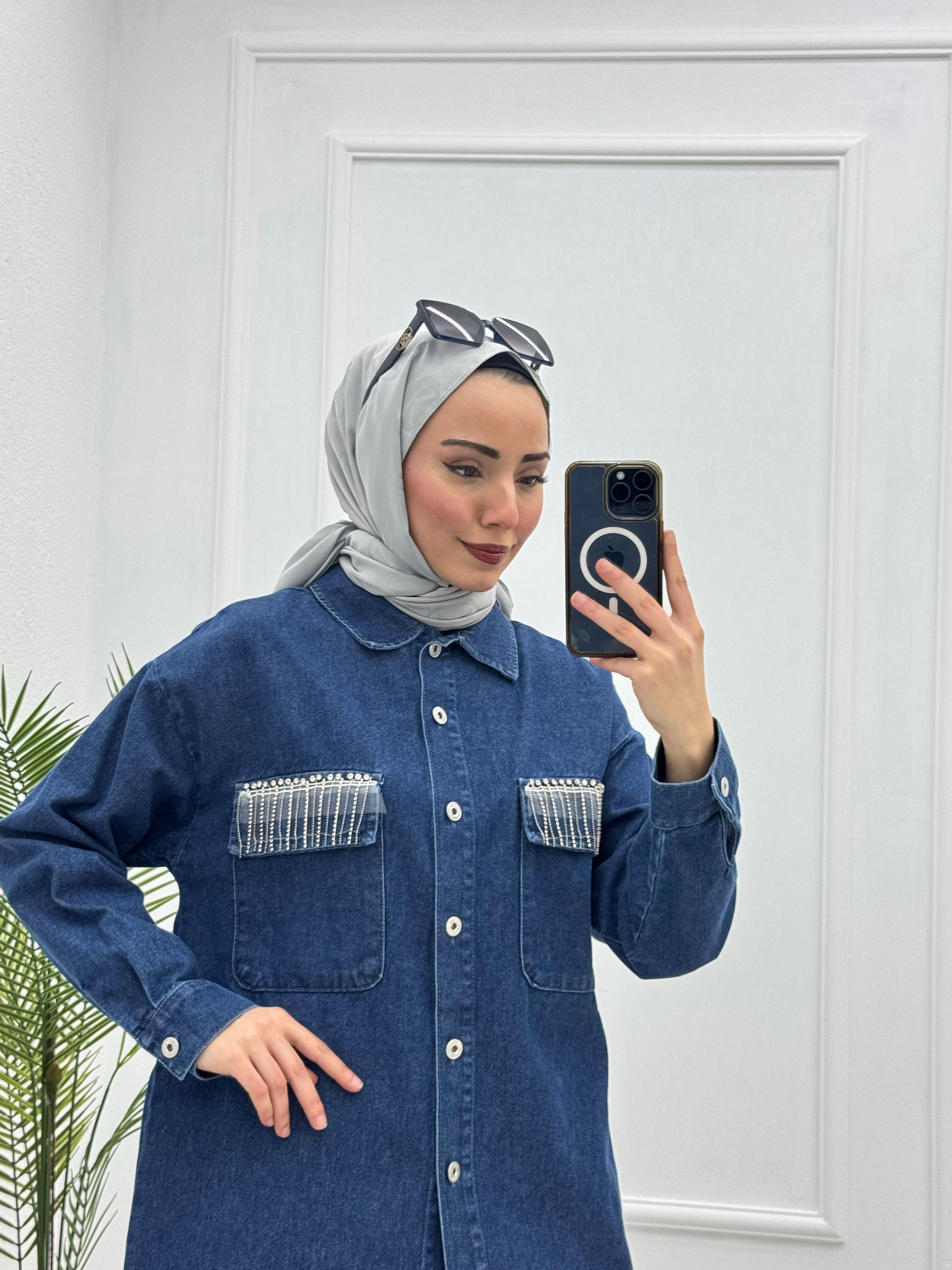 2219-Taşlı Denim Takım-Koyu Mavi