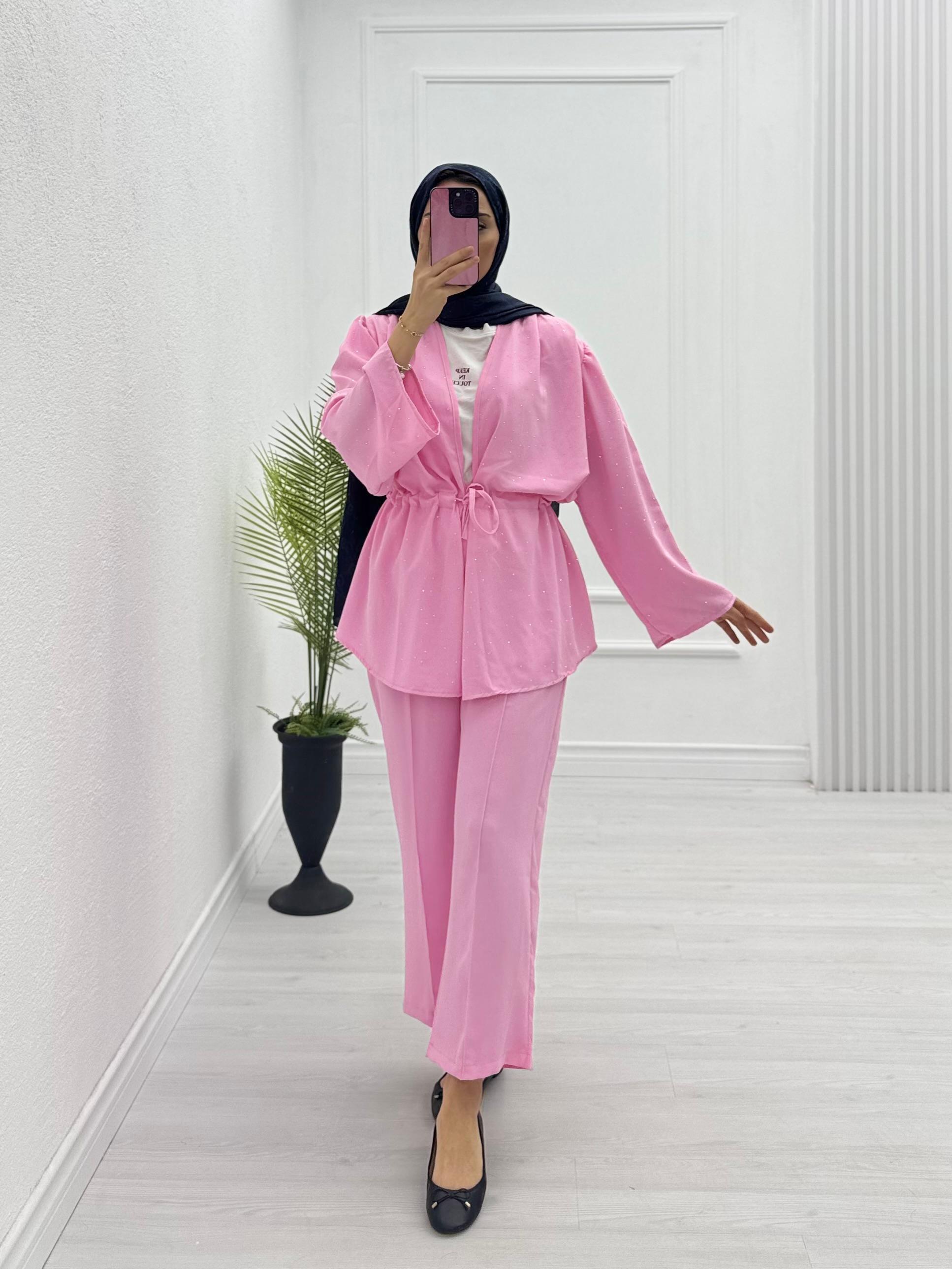 2455-Taşlı Takım-Pembe