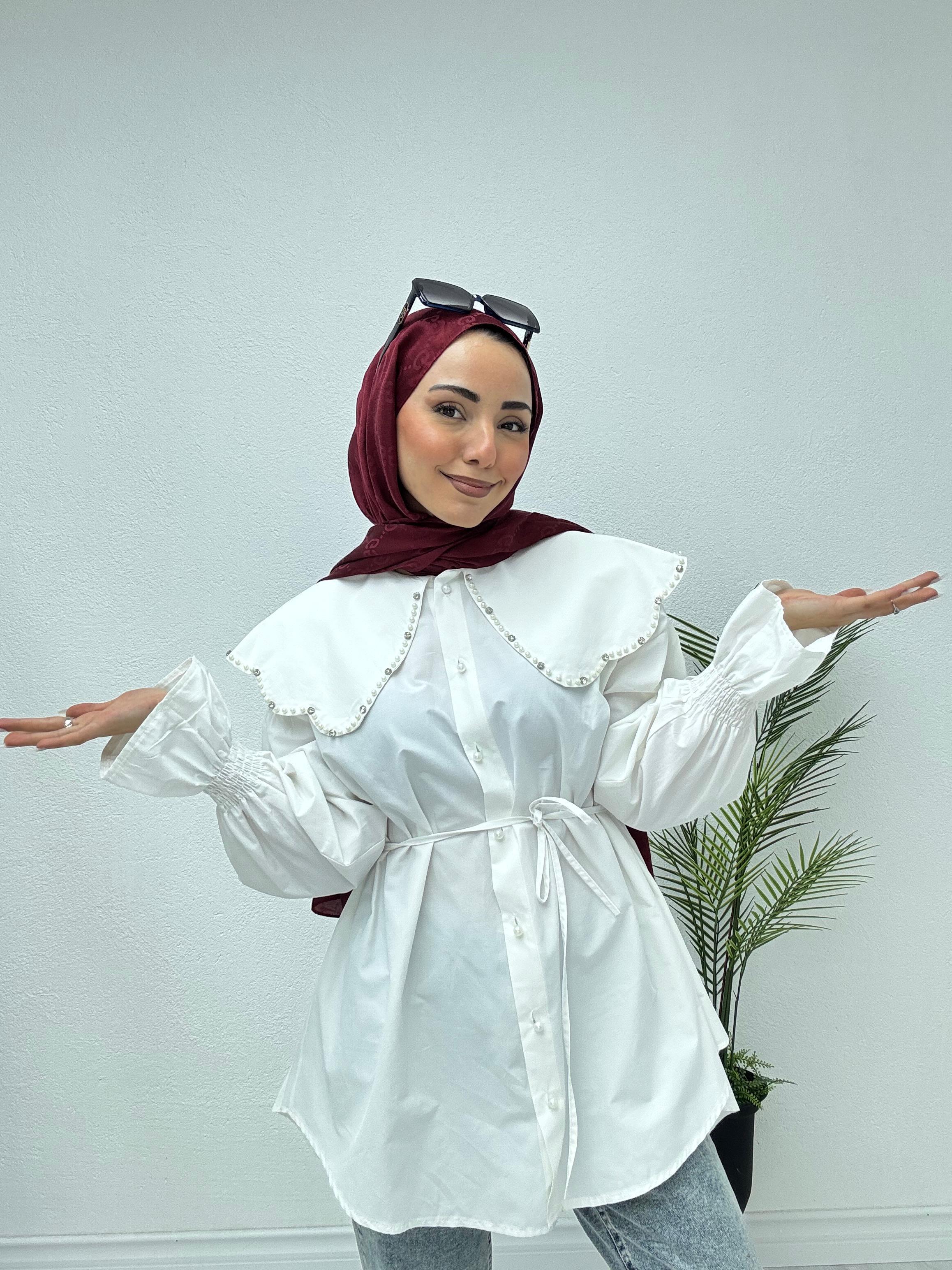 3042-İncili Gömlek-Beyaz