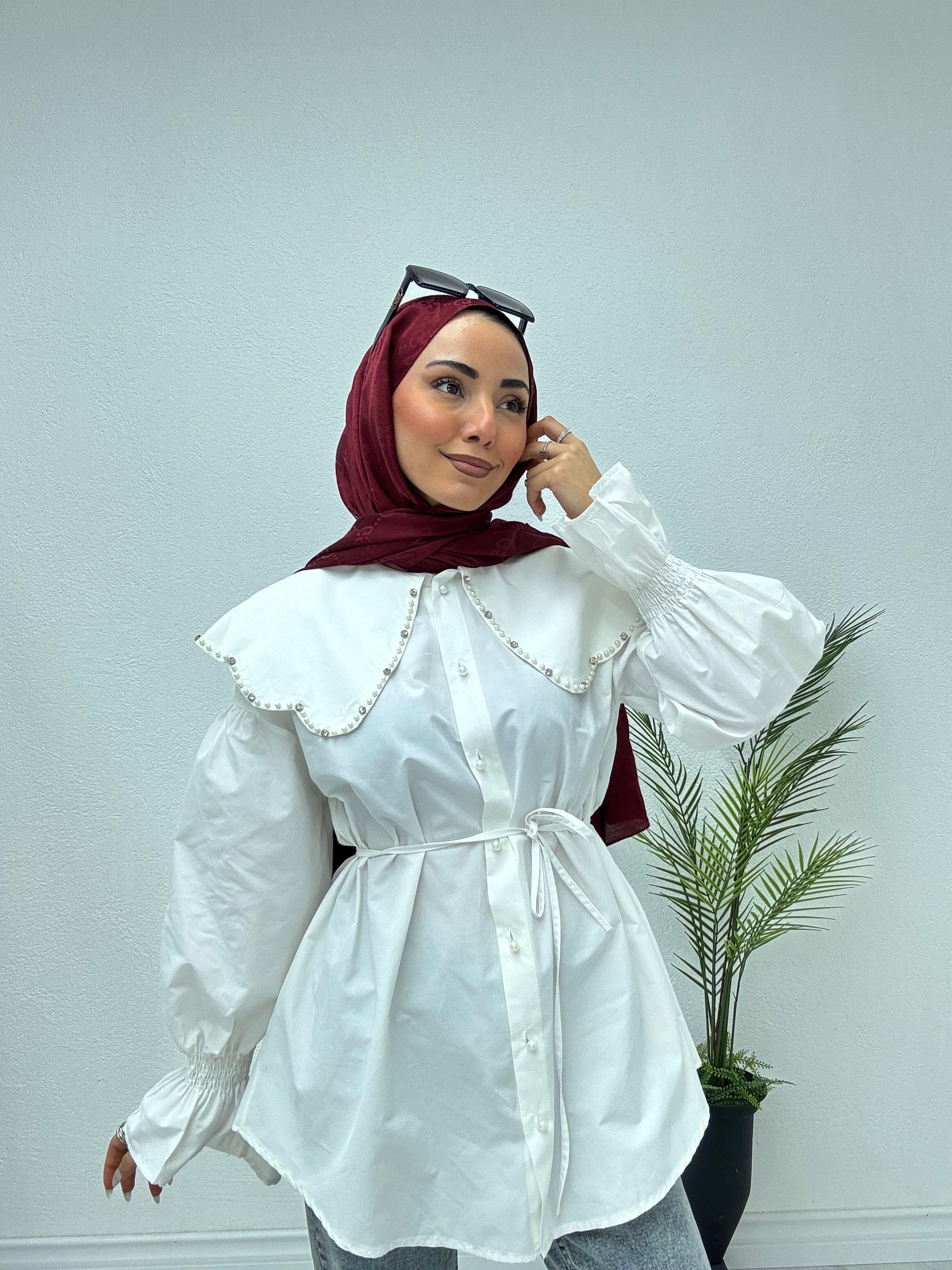 3042-İncili Gömlek-Beyaz