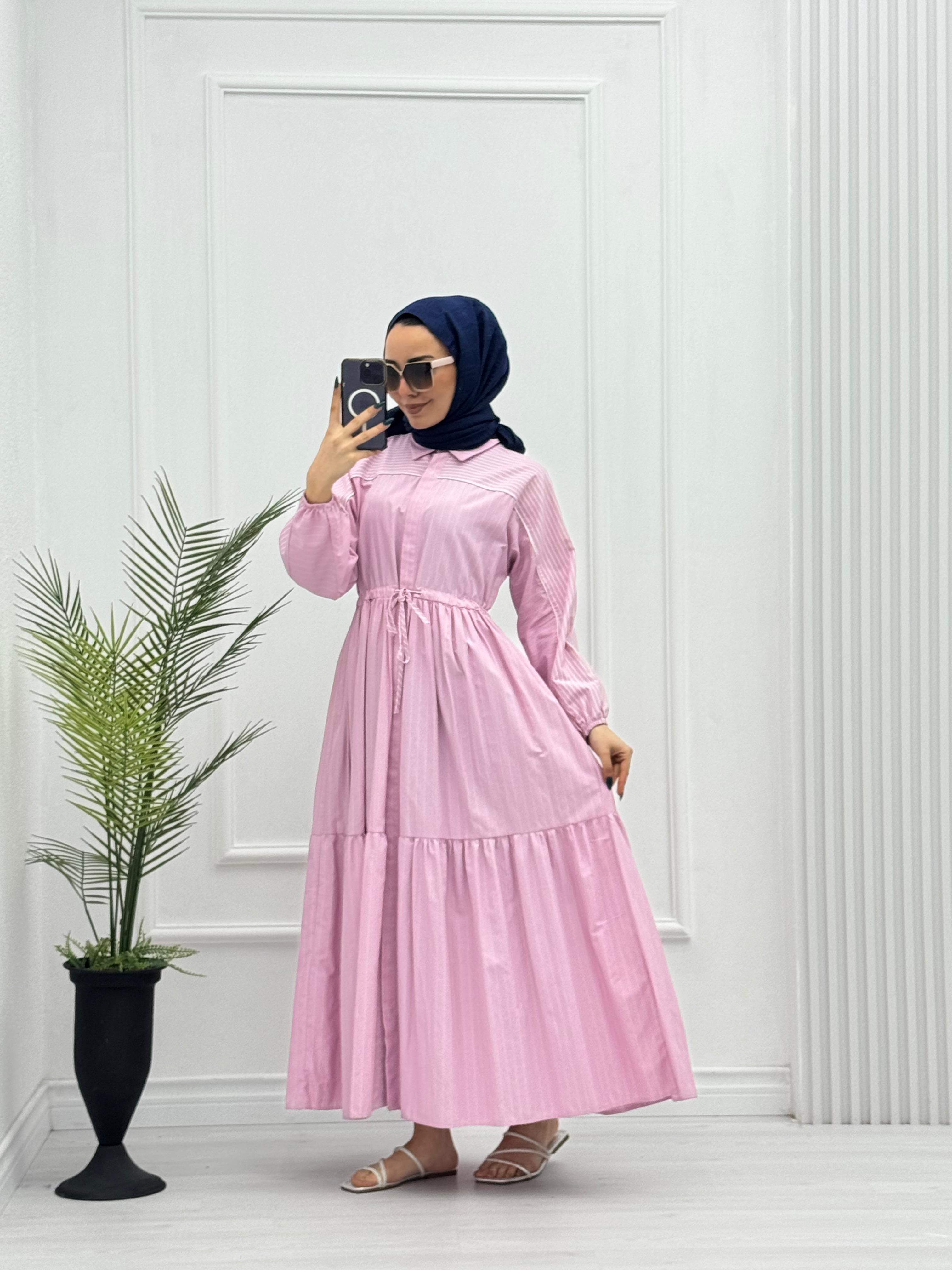 3227-Poplin Elbise-Pembe