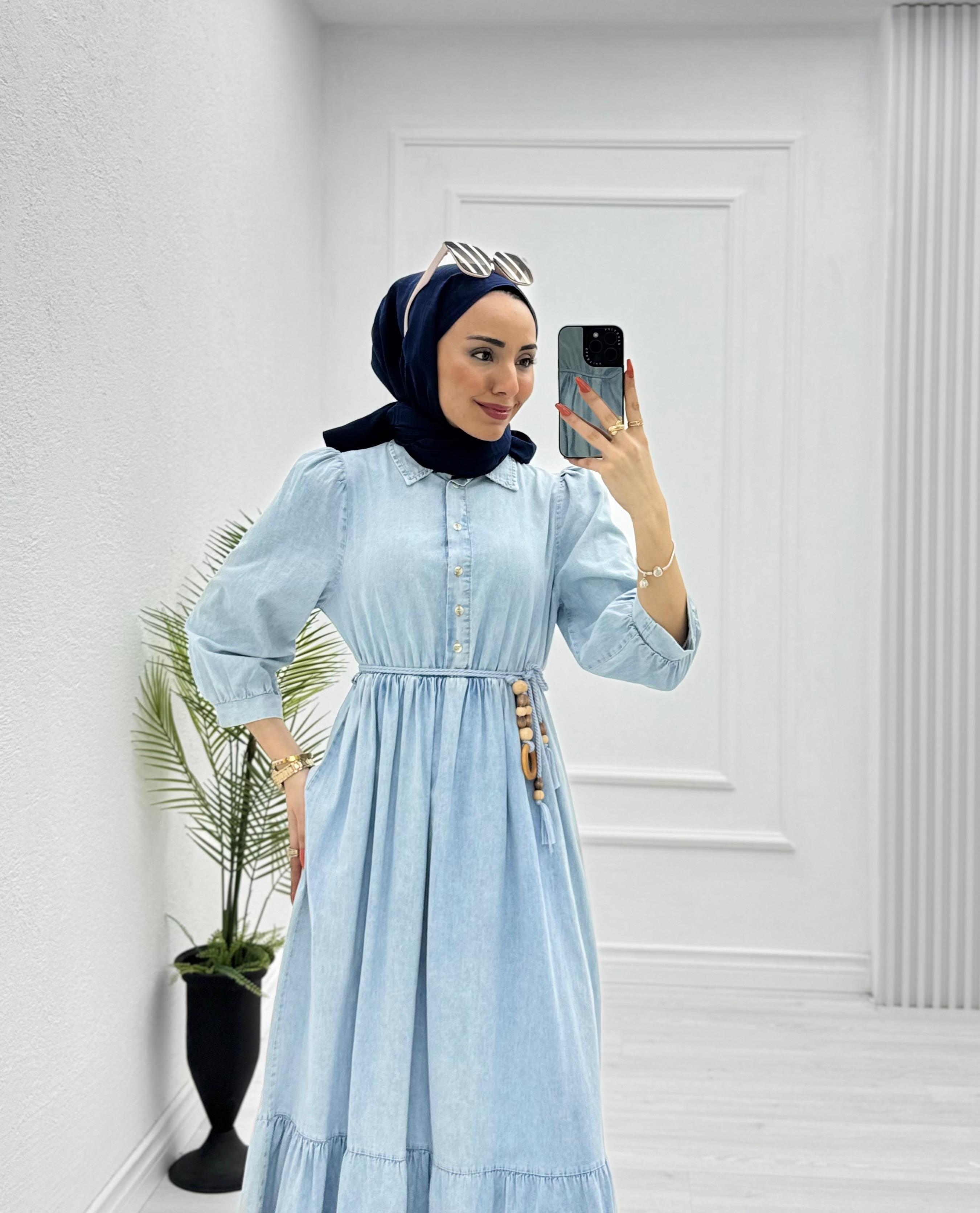 3229-Denim Elbise-Açık Mavi