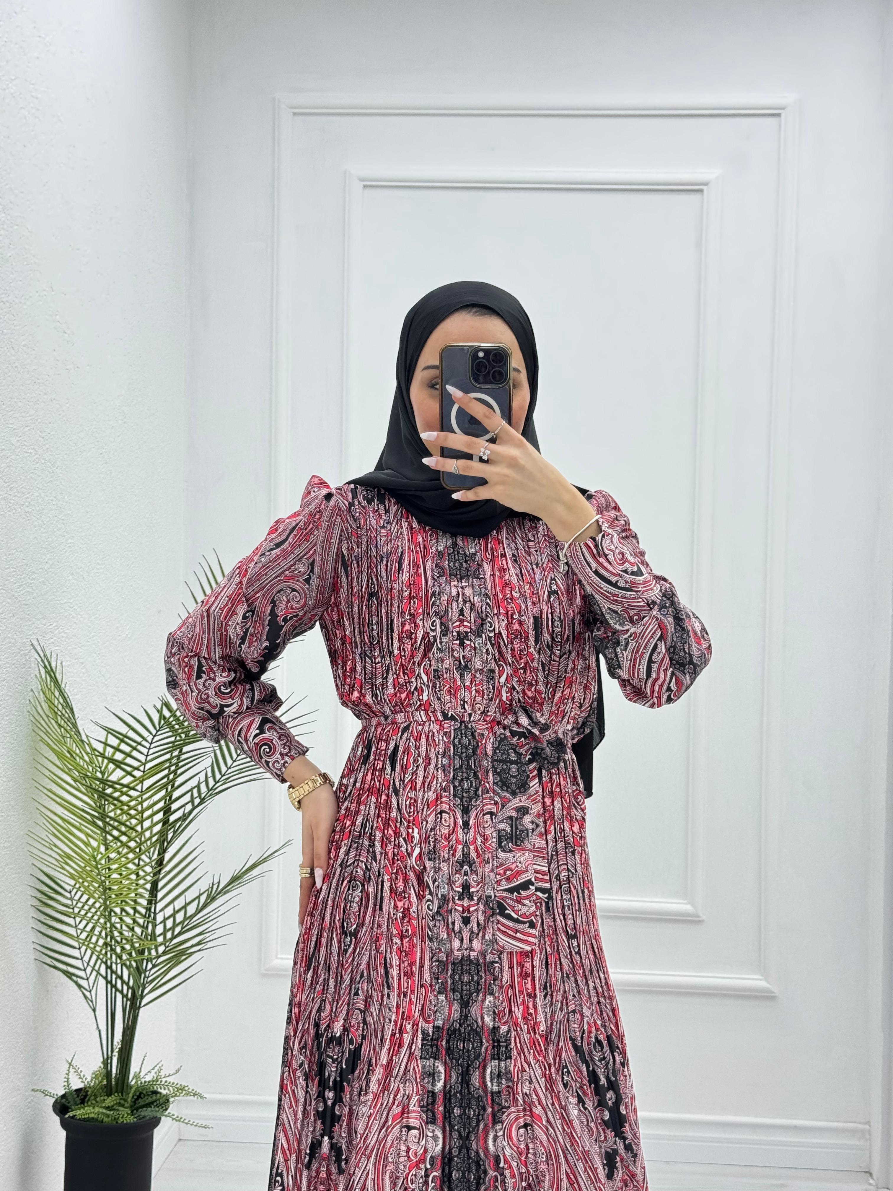 3243-Patterned Elbise-Kırmızı