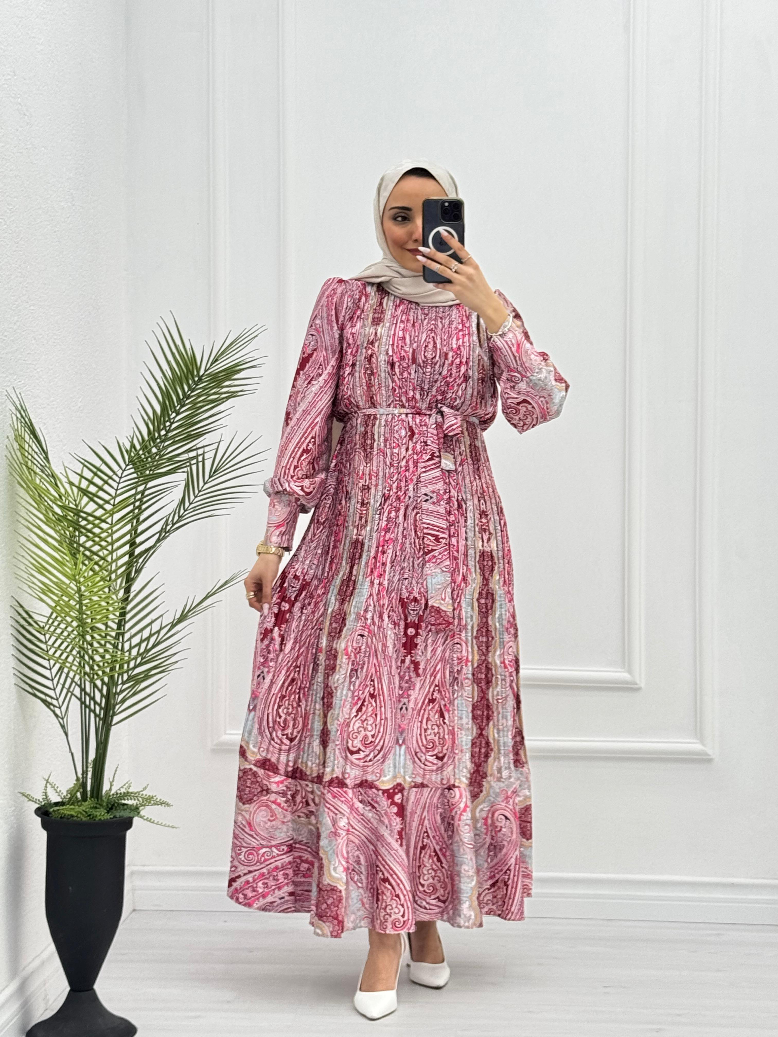 3243-Patterned Elbise-Pembe
