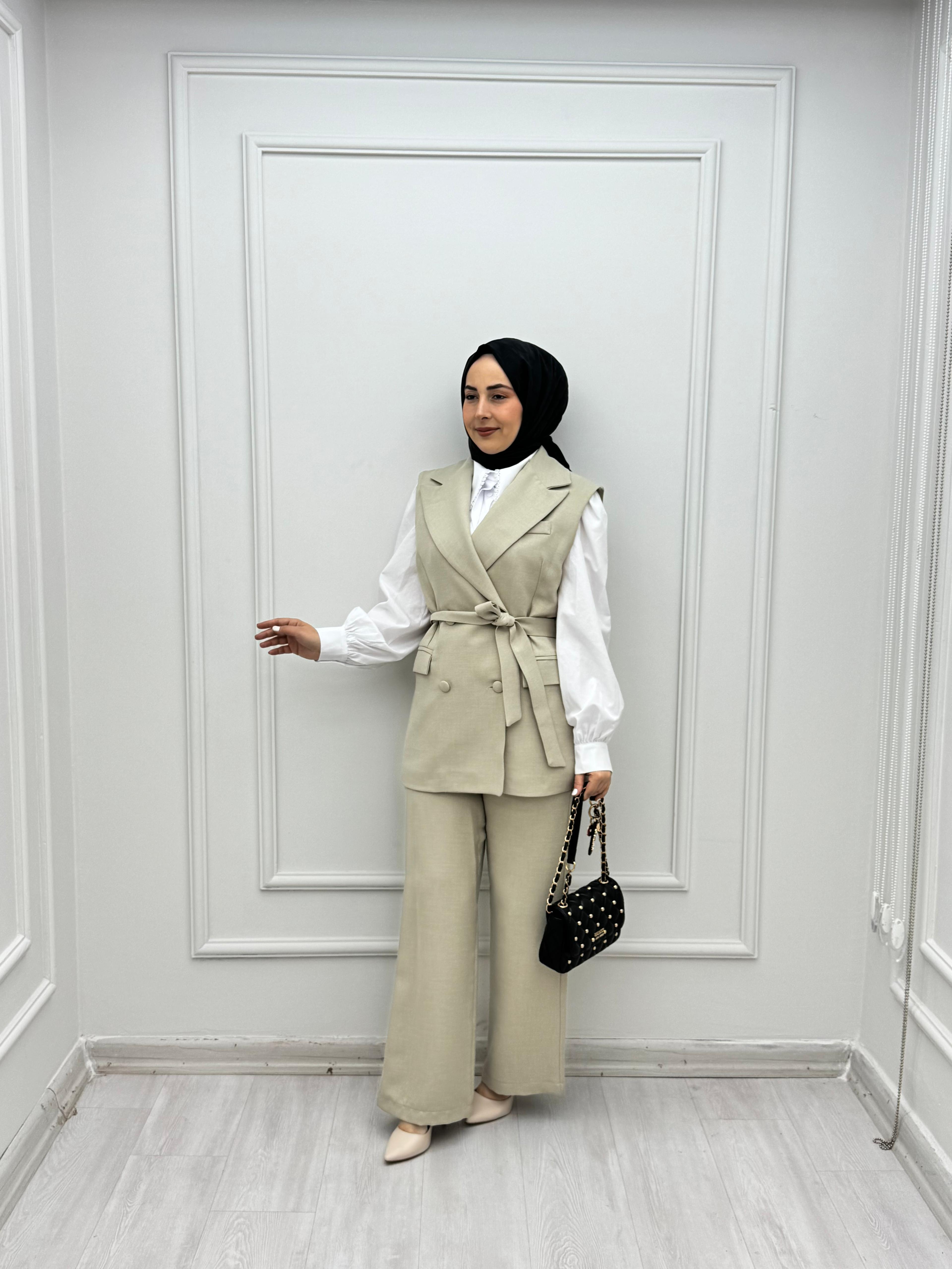 3467-Pantolon Takım-Krem