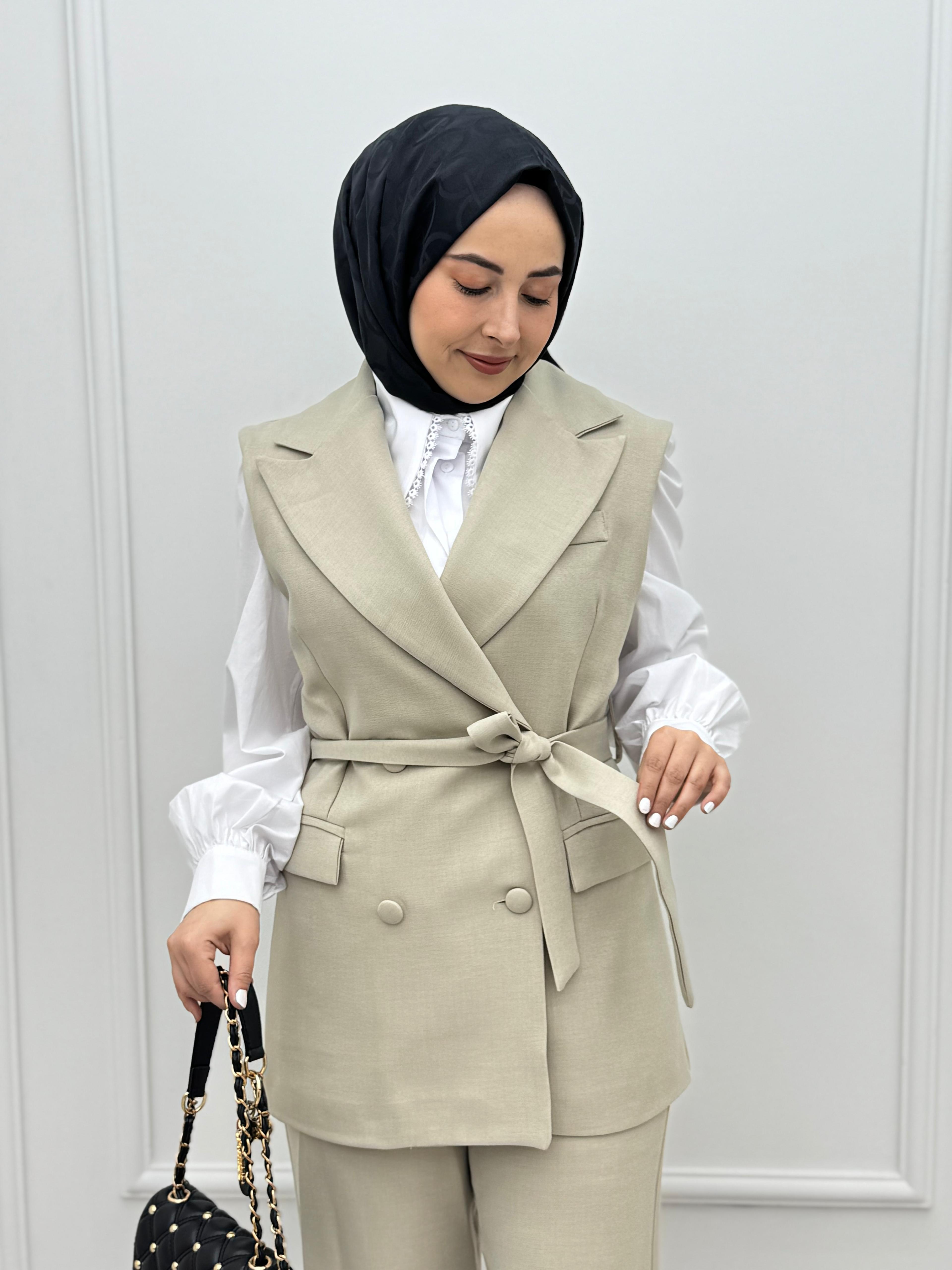 3467-Pantolon Takım-Krem