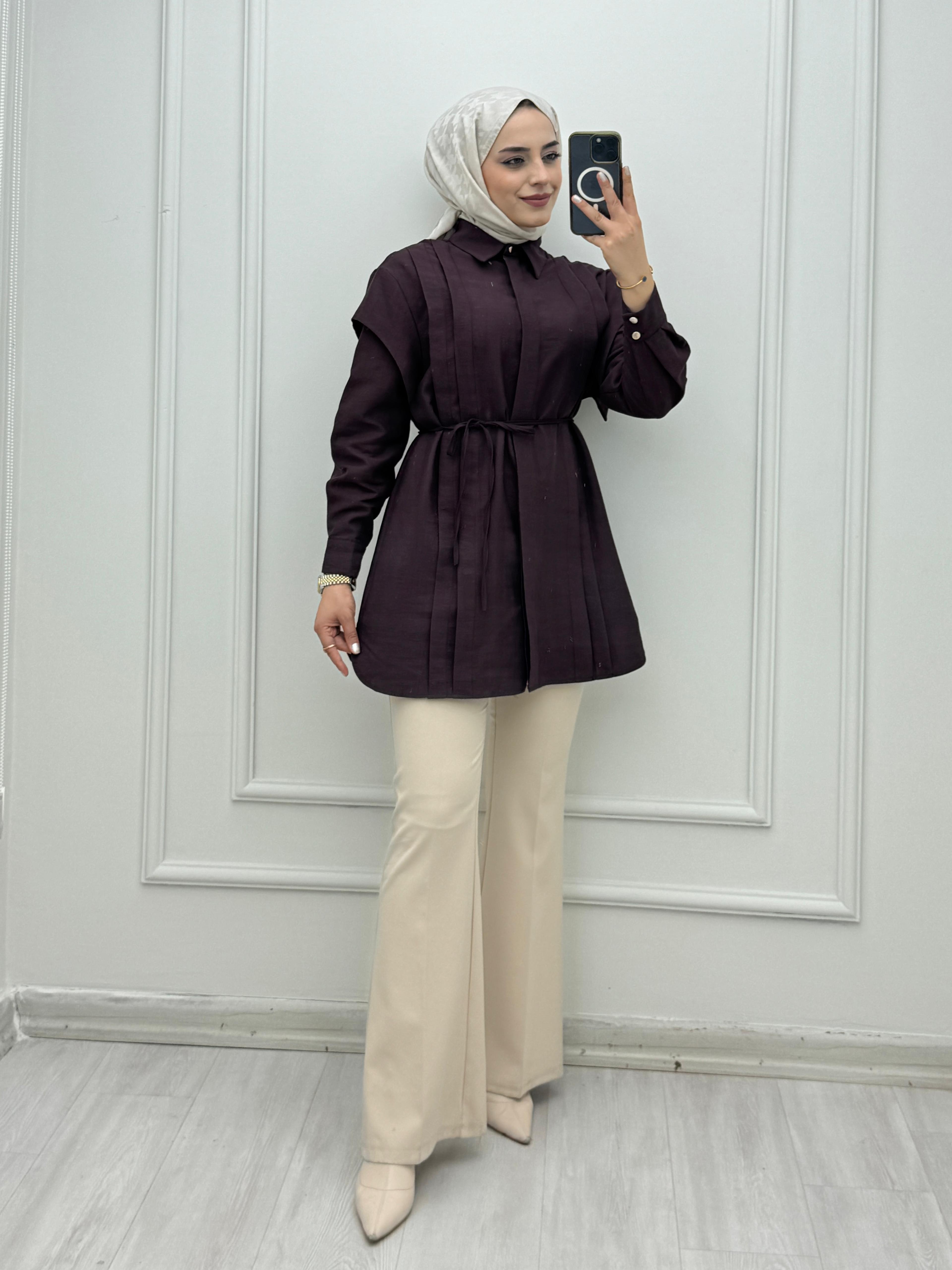 3776-Kuşaklı Gömlek-Mürdüm
