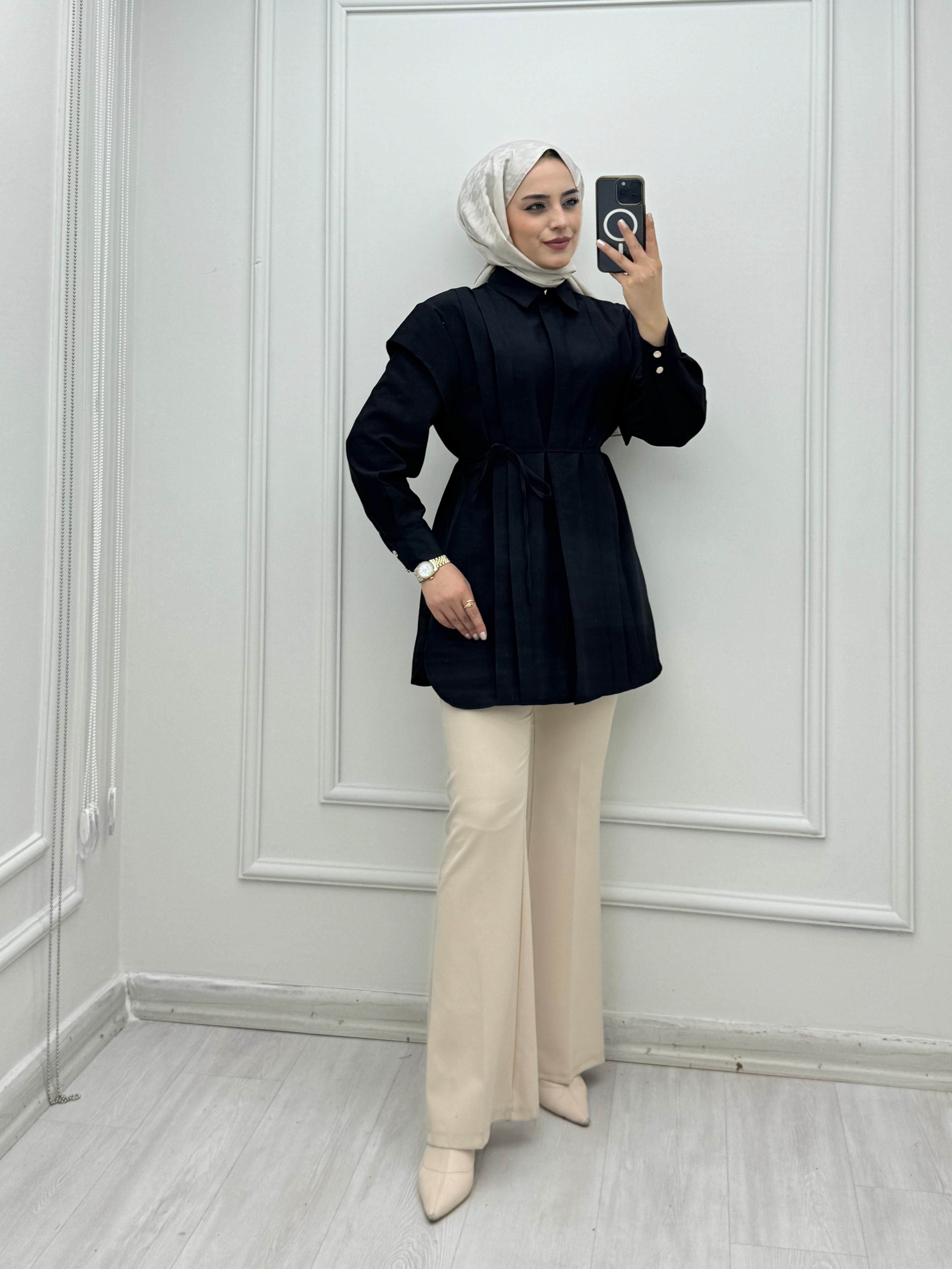 3776-Kuşaklı Gömlek-Siyah
