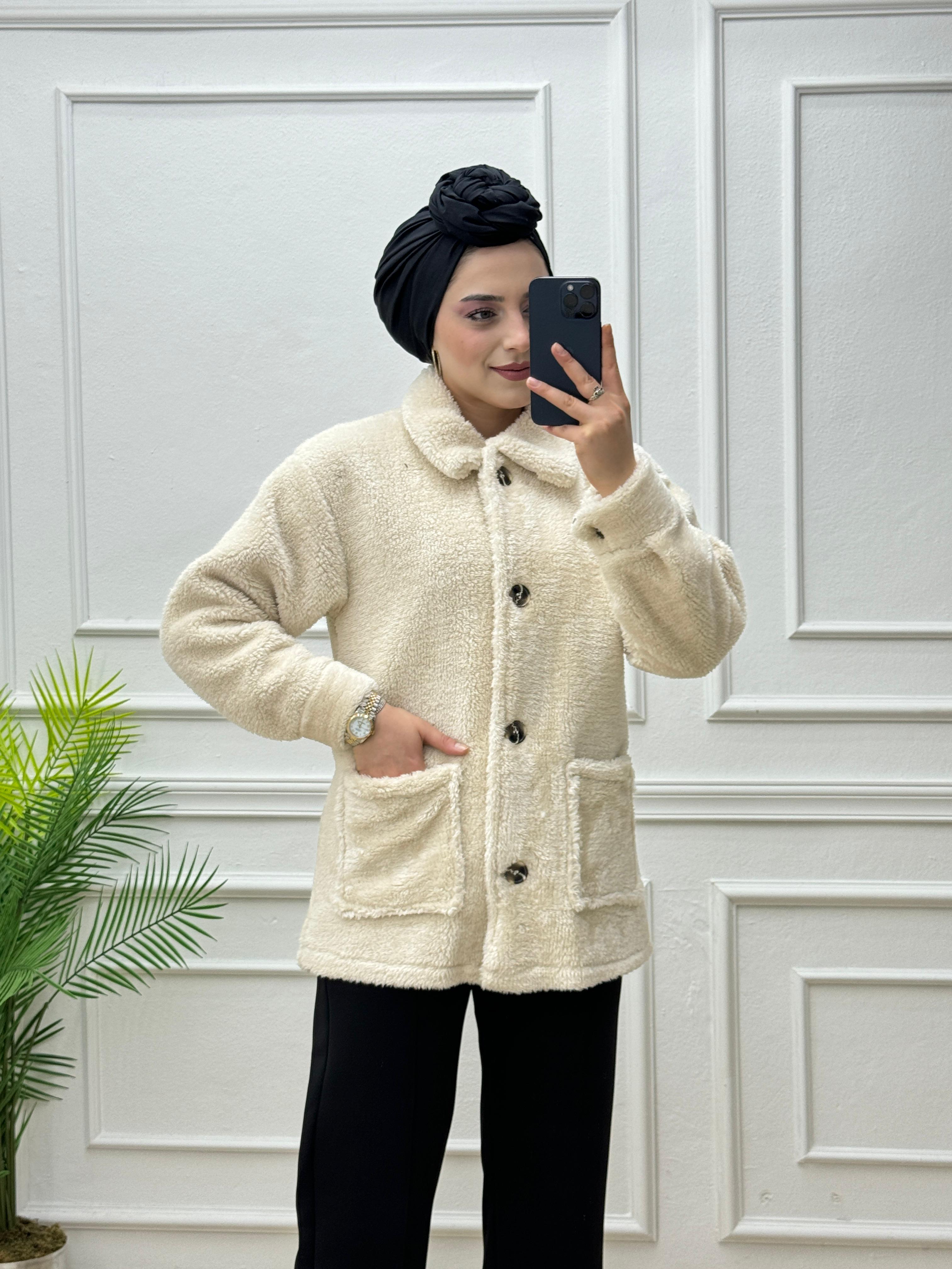 3846-Peluş Ceket-Krem