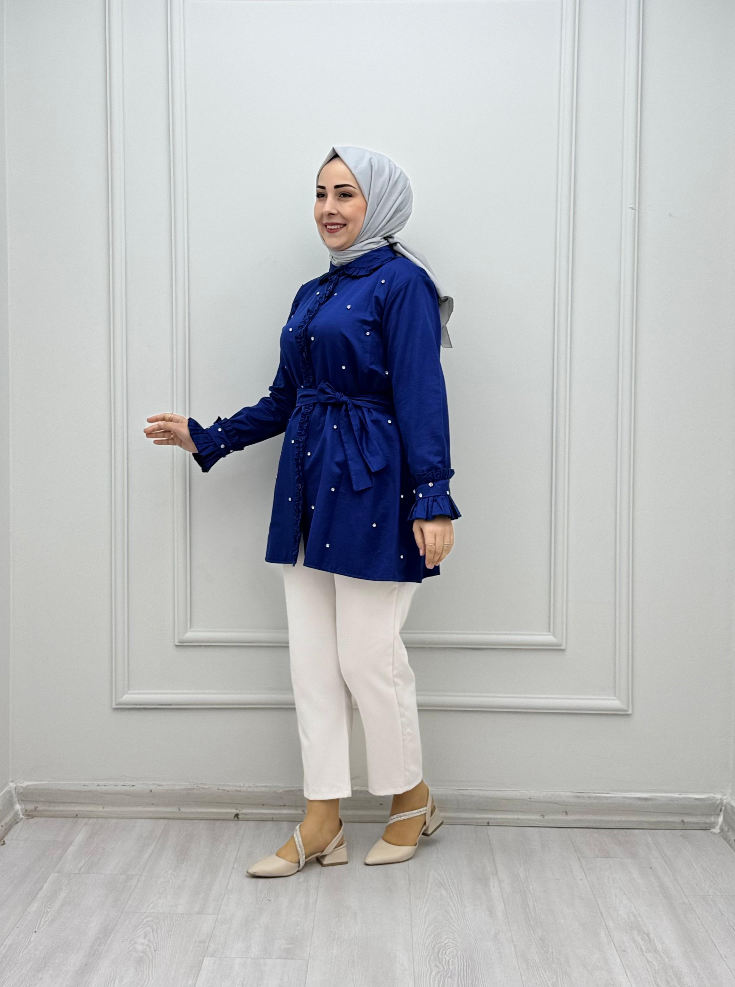 4050-Taşlı Tencel Gömlek-Lacivert