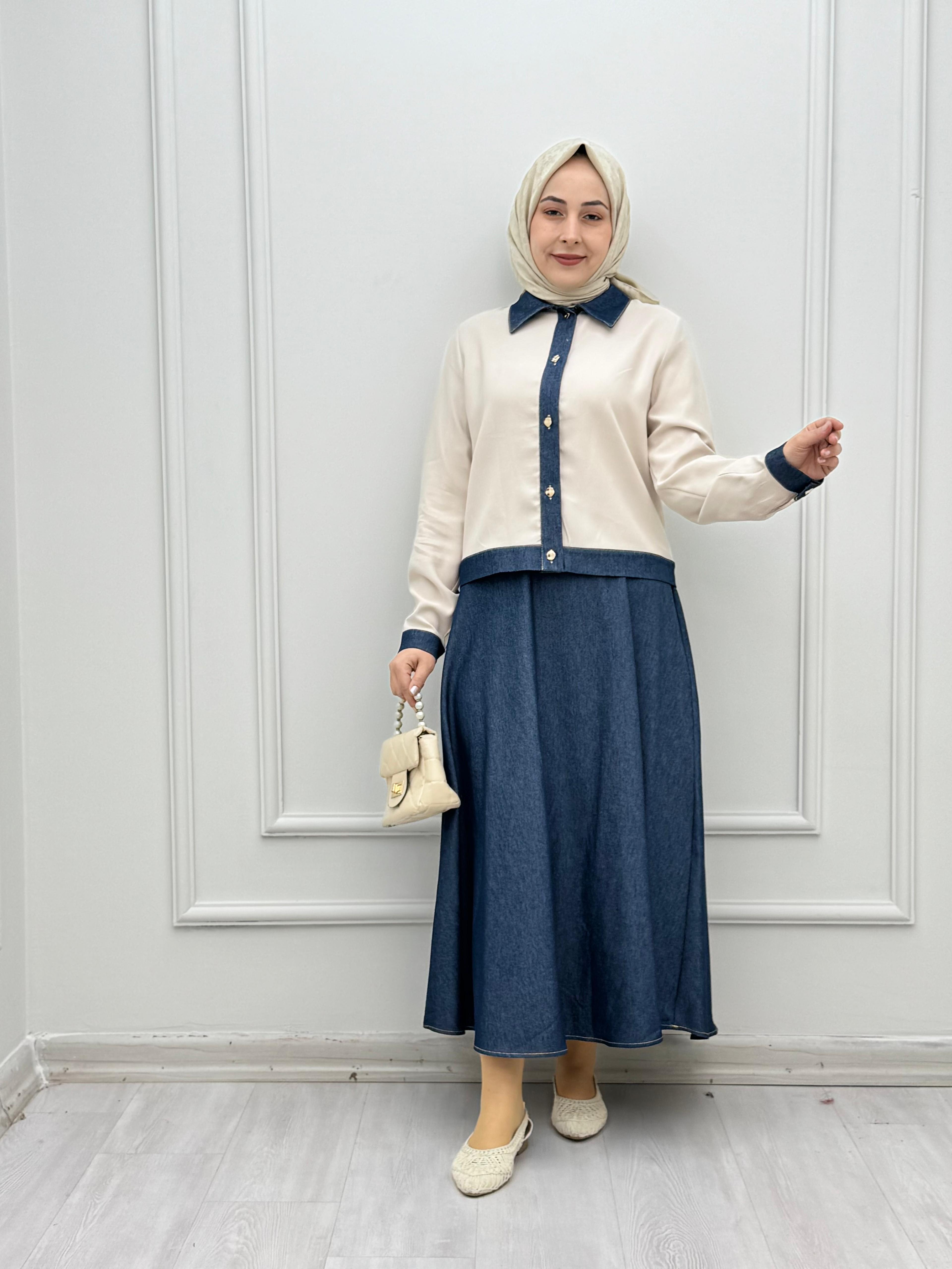 5555-Tencel Denim Takım-Mavi