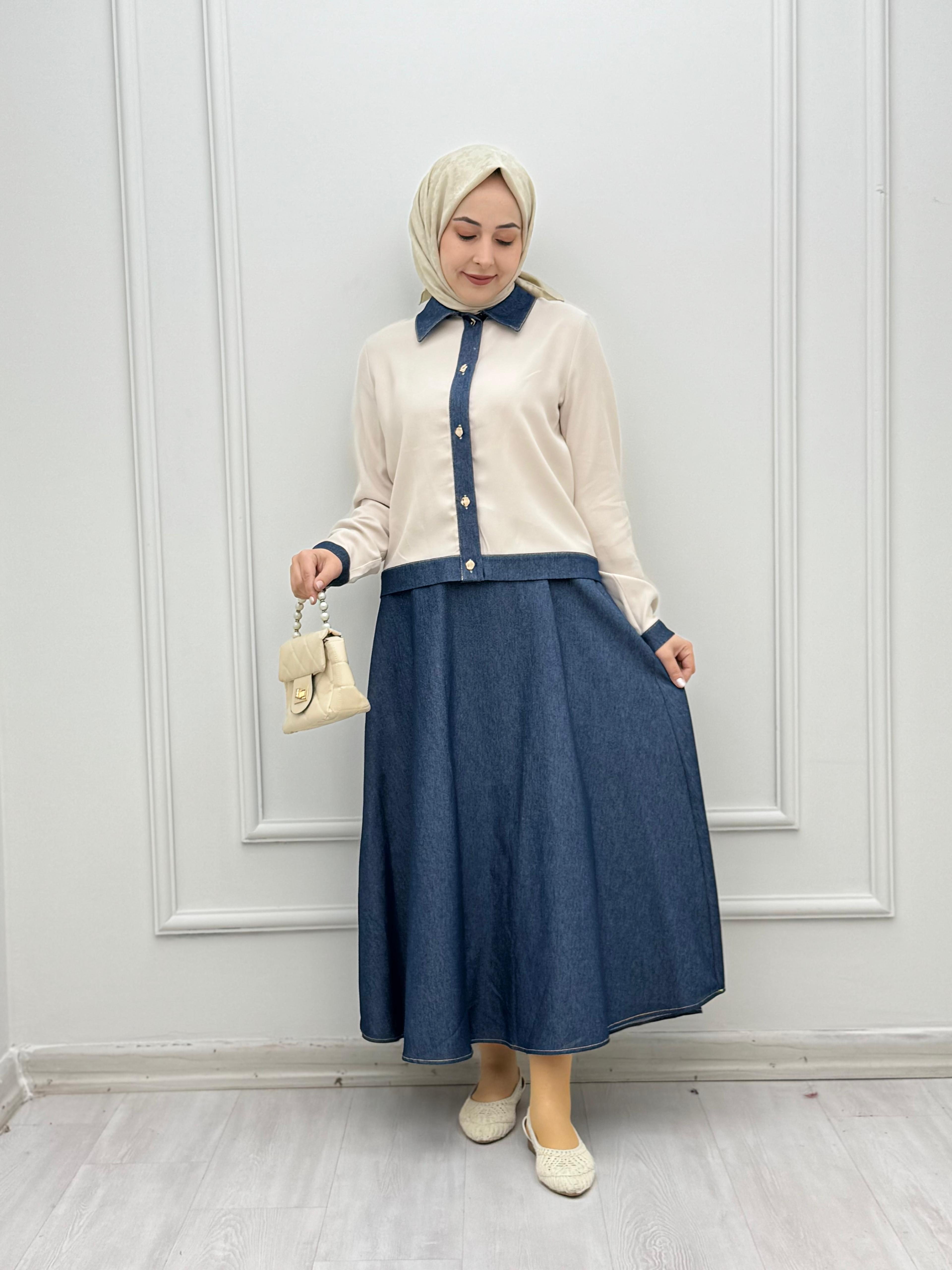 5555-Tencel Denim Takım-Mavi
