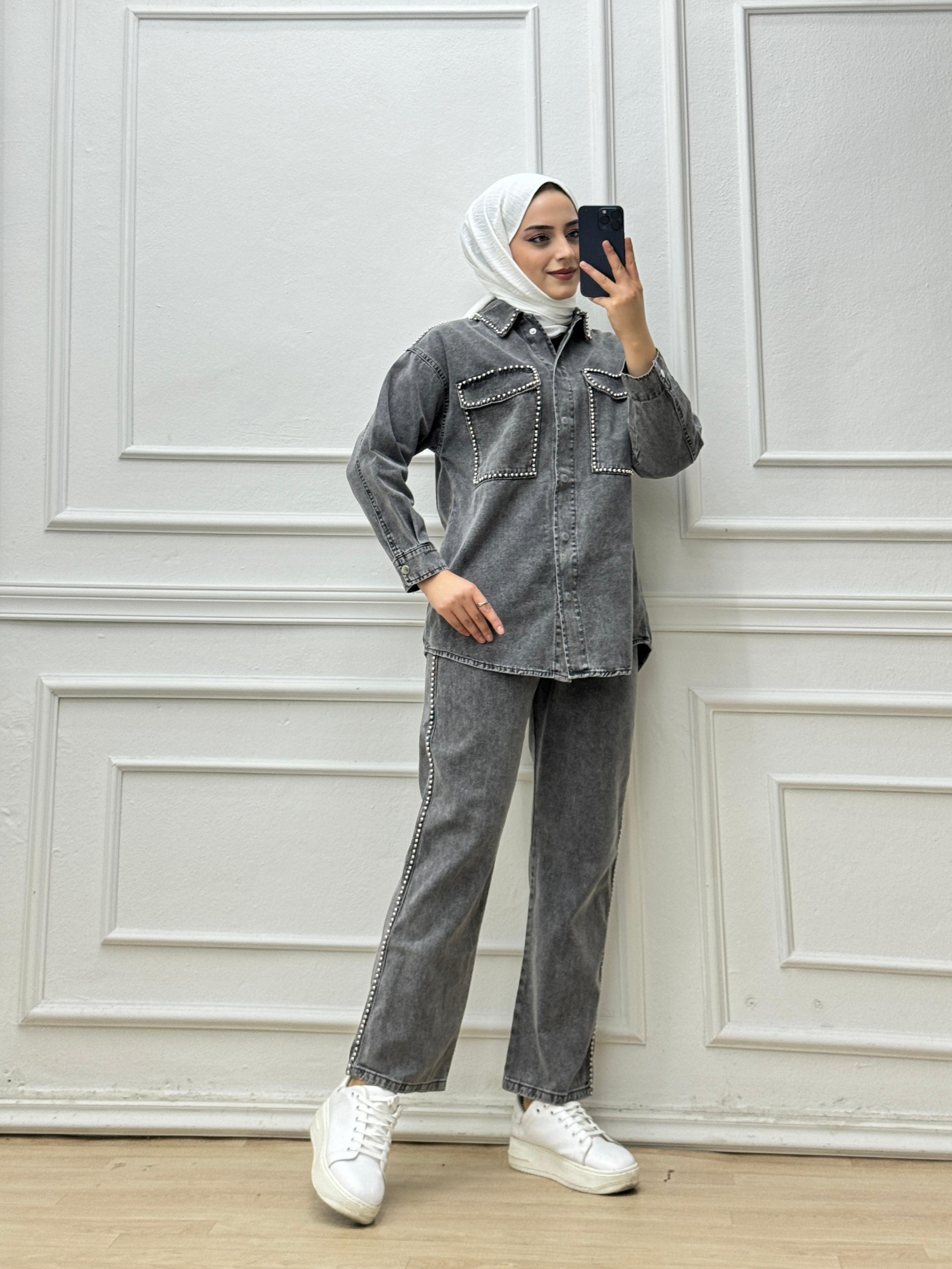 5880-İncili Denim Takım-Gri