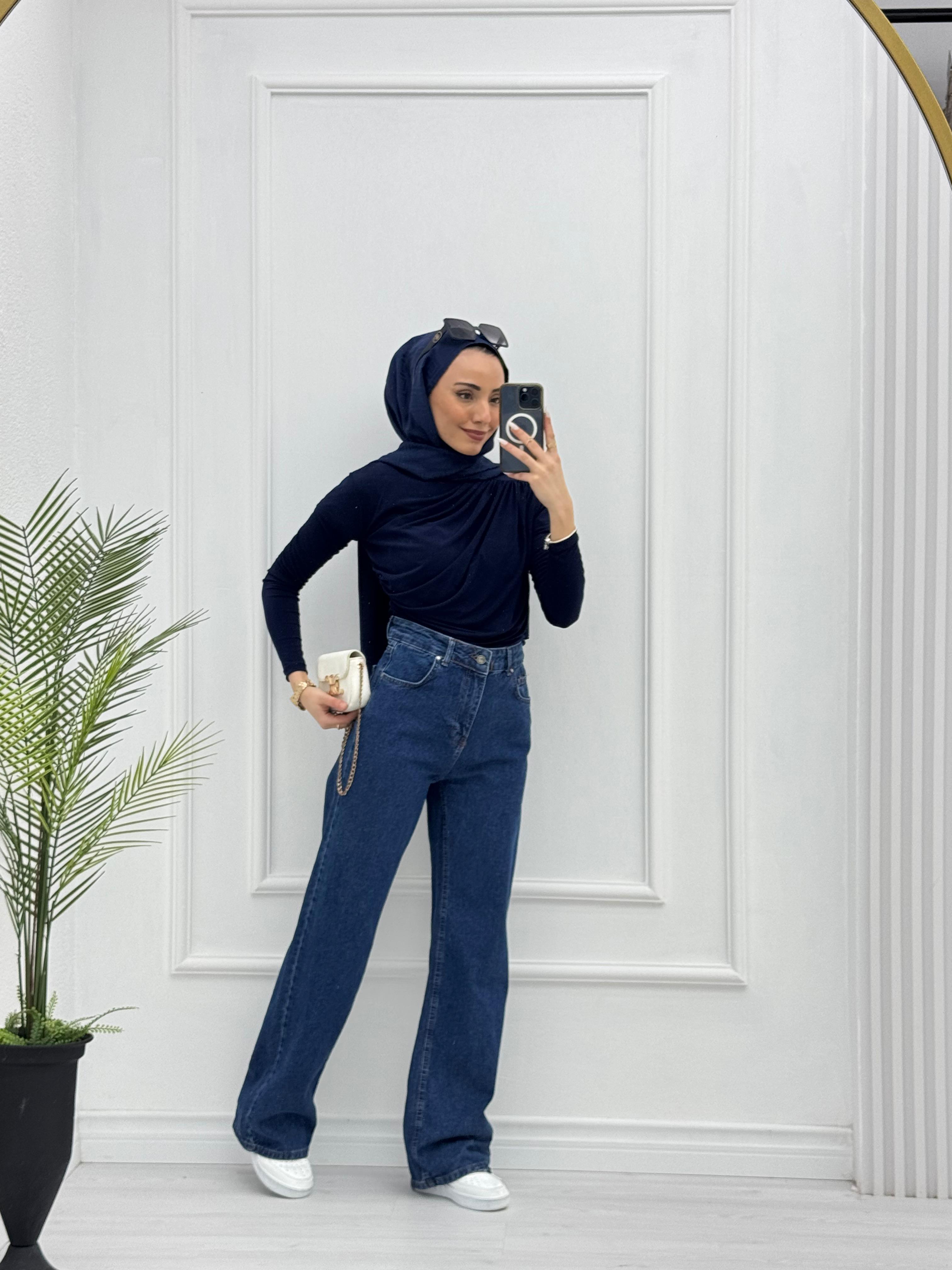 6005-Palazzo Denim Pantolon-Koyu Mavi