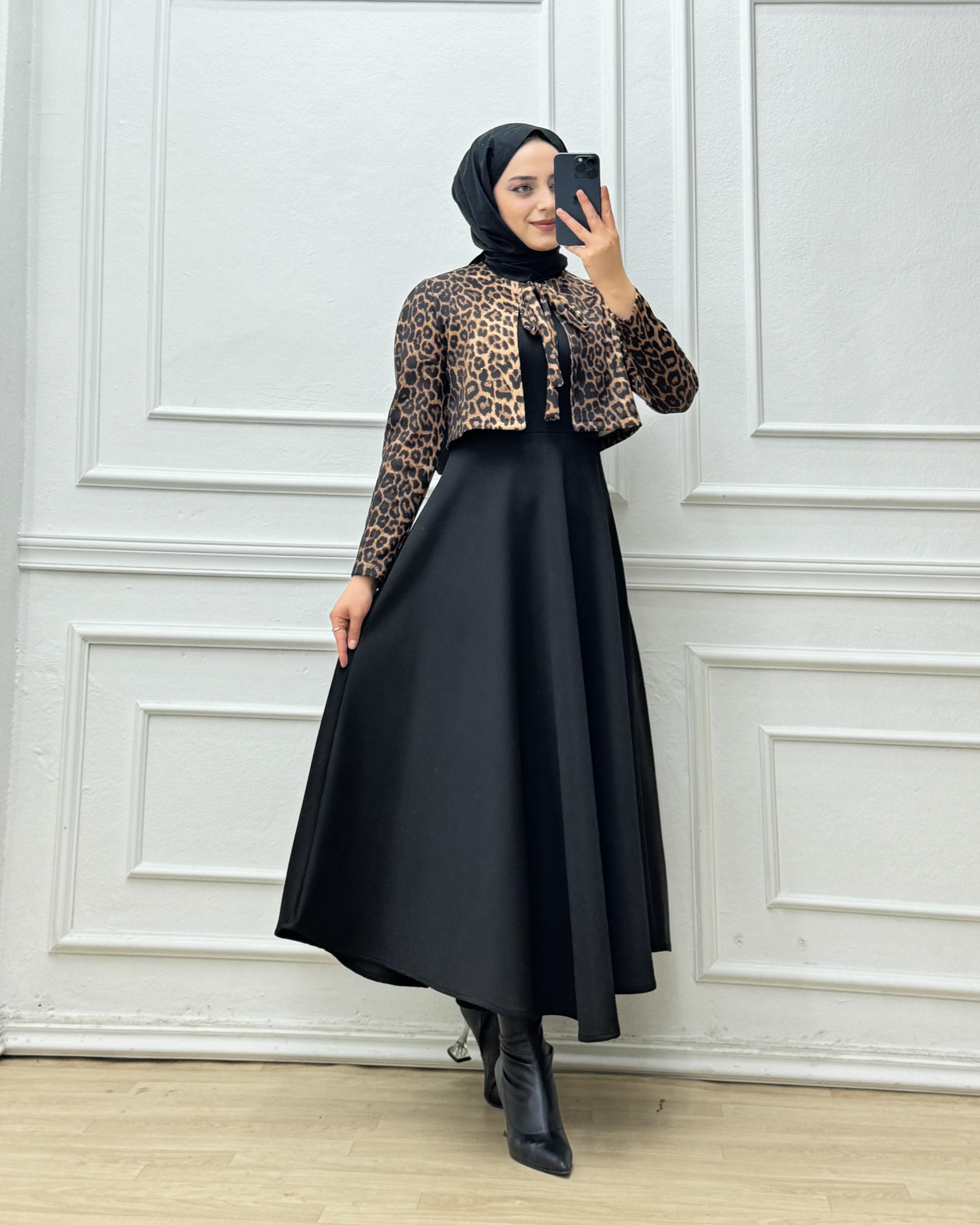 7444-Leopar Ceketli Elbise-Siyah