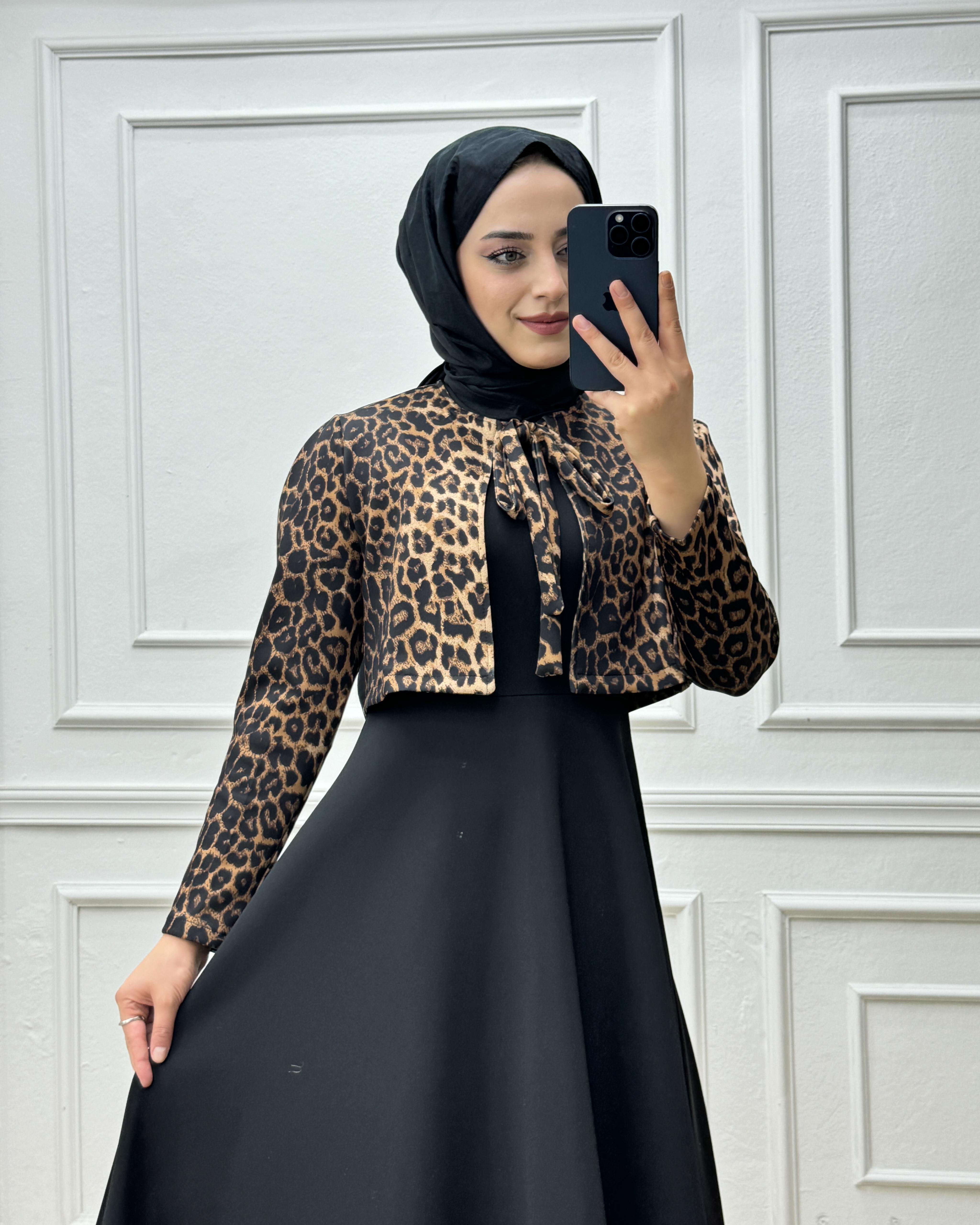 7444-Leopar Ceketli Elbise-Siyah