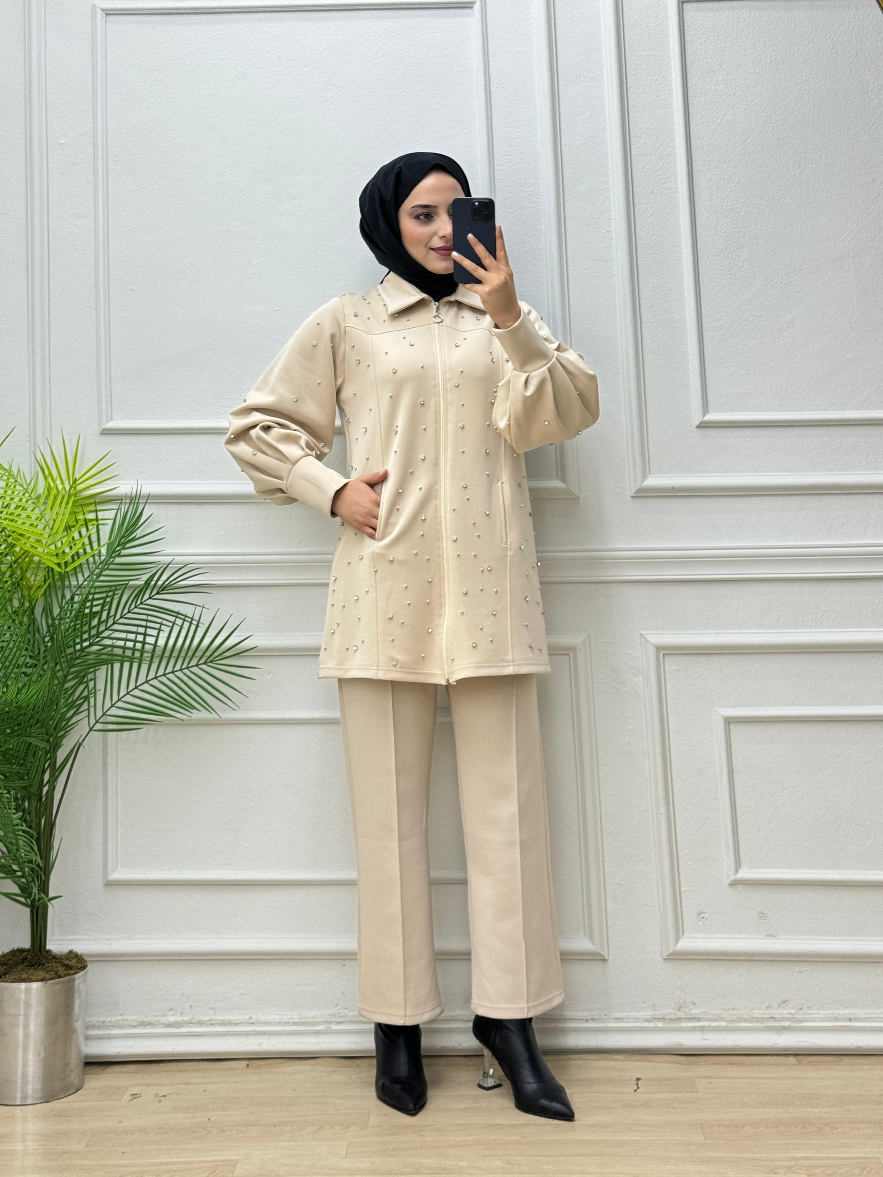 7930-Pantolon Takım-Krem