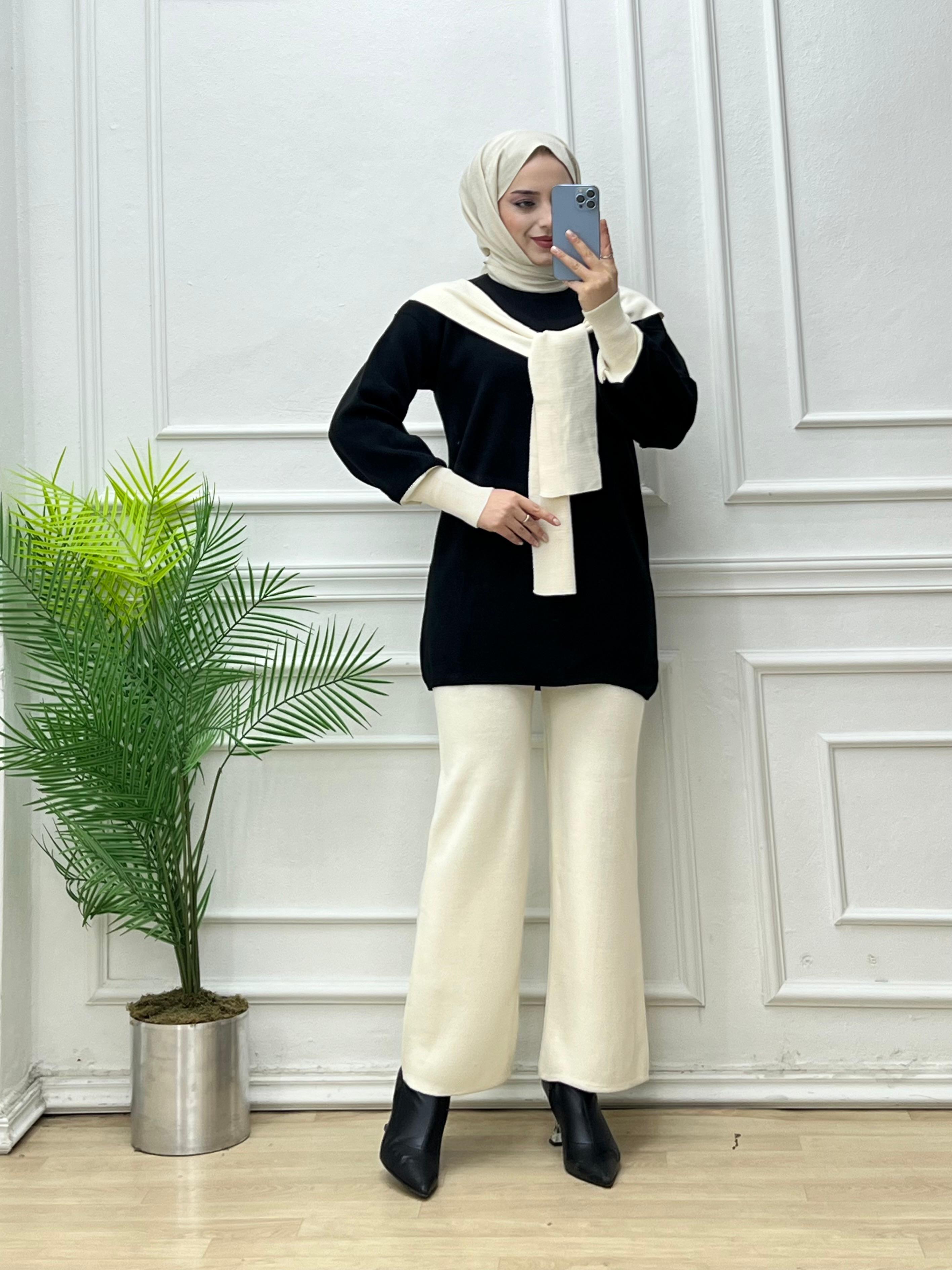 9532-Selin Triko Takım-Ekru