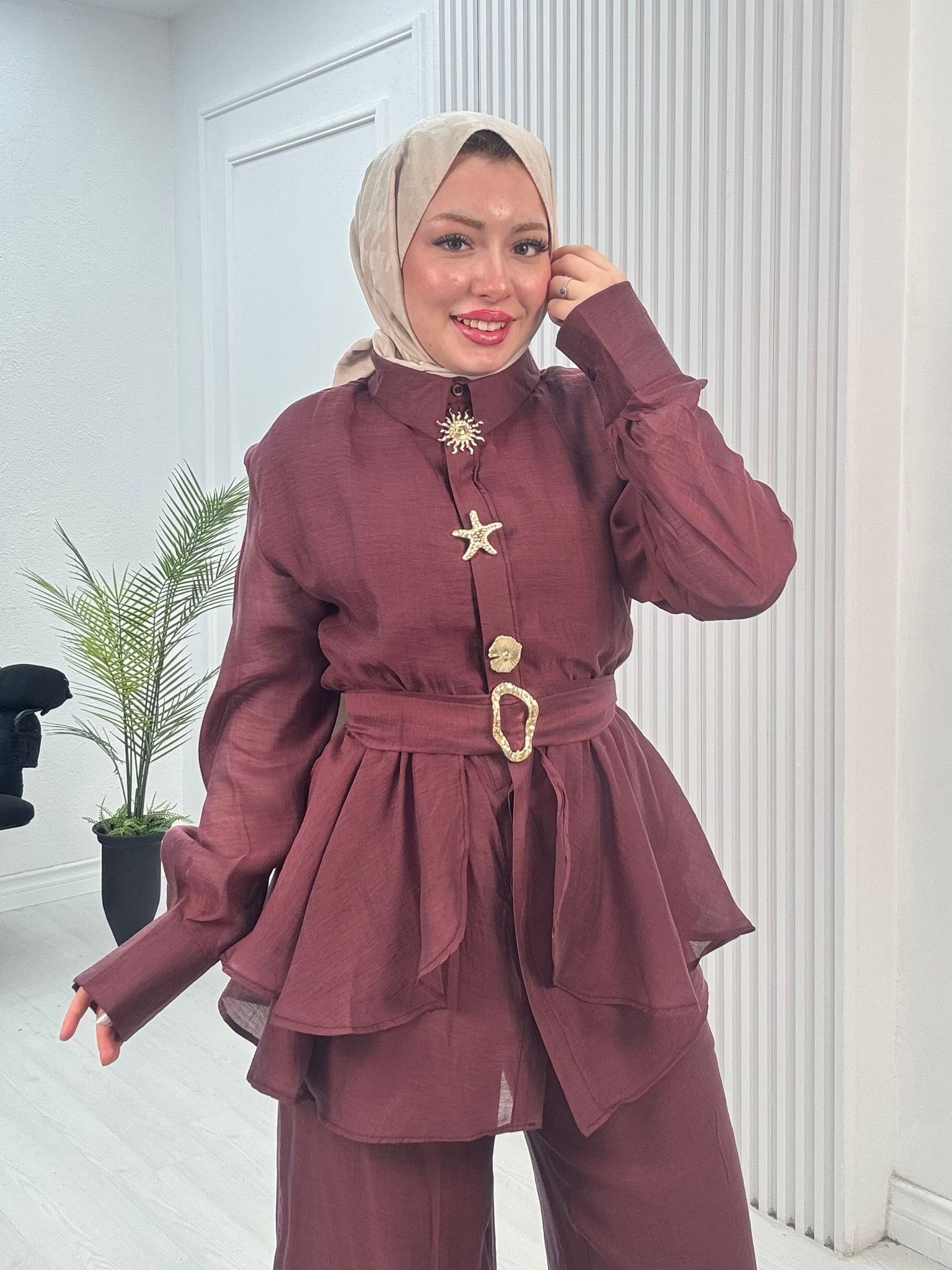 Fx5363-Ahu Vual Pantolonlu Takım-Bordo
