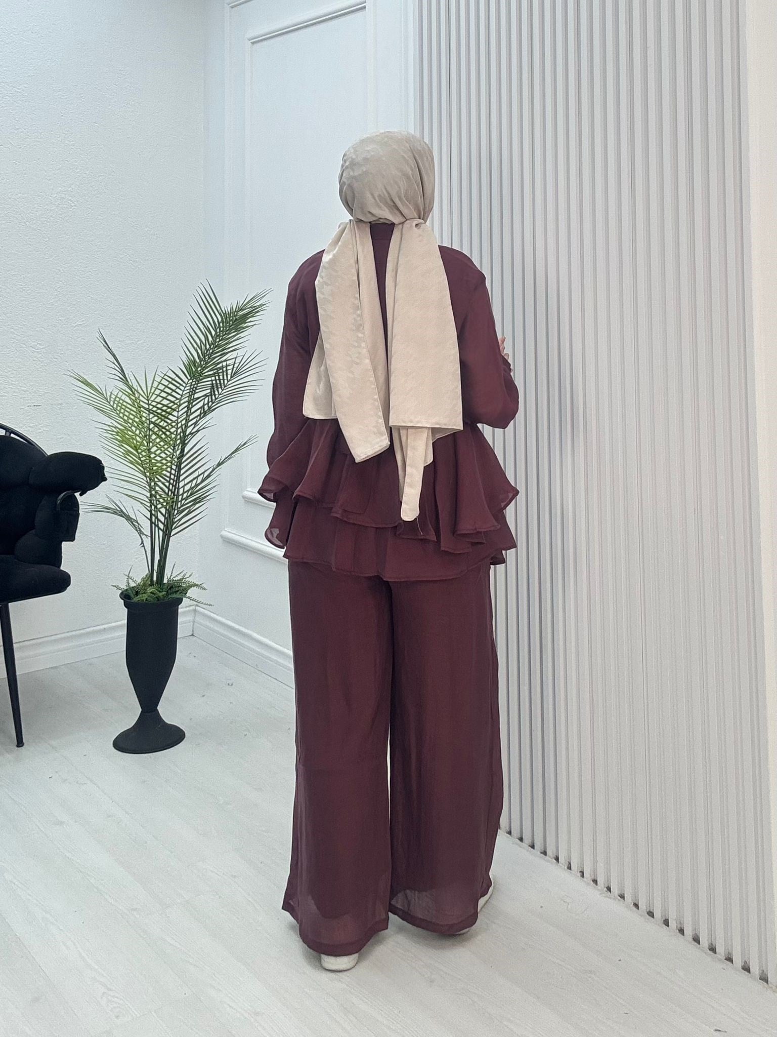 Fx5363-Ahu Vual Pantolonlu Takım-Bordo