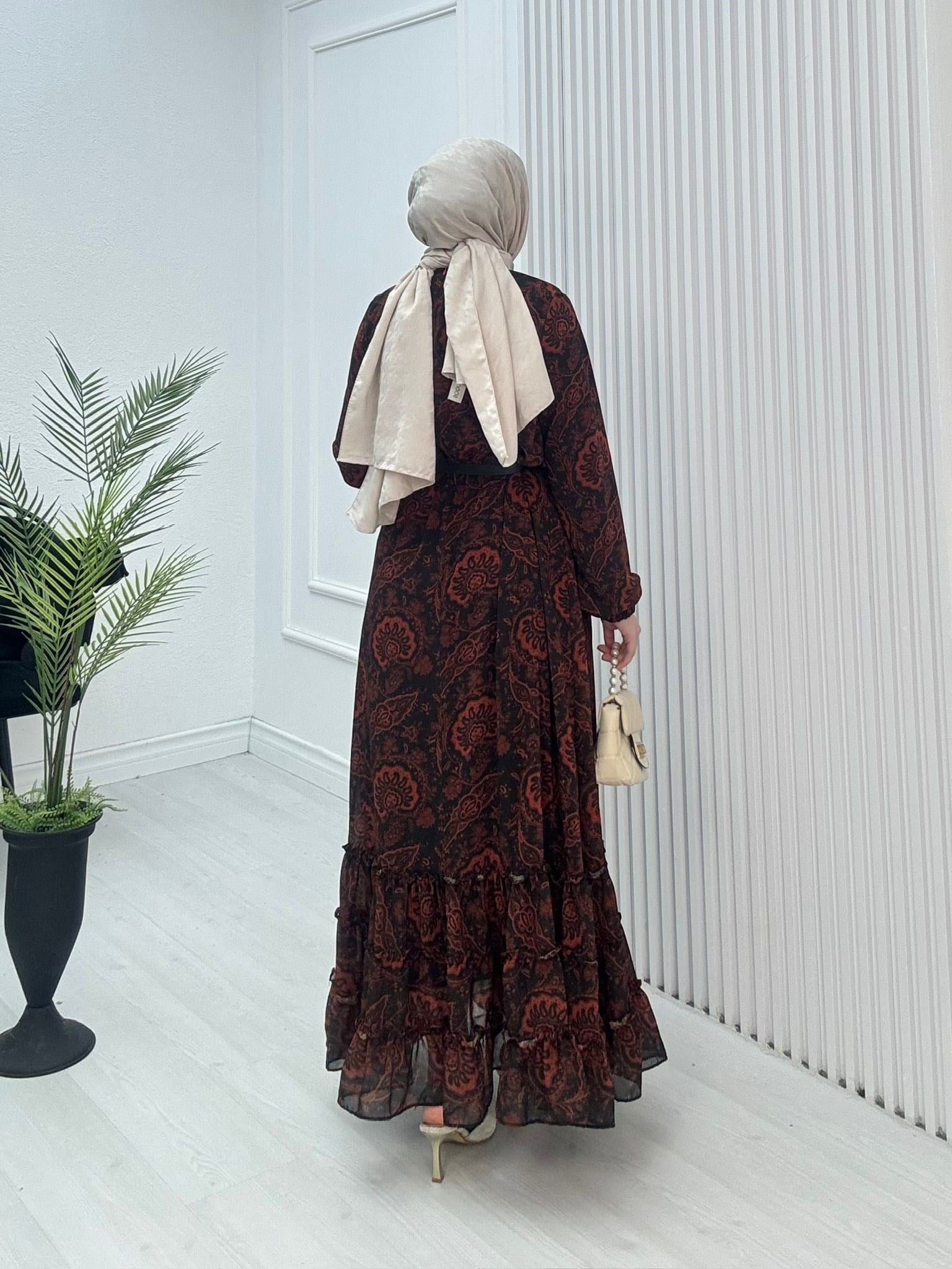 Gx2562-Çiçekli Şifon Elbise-Turuncu