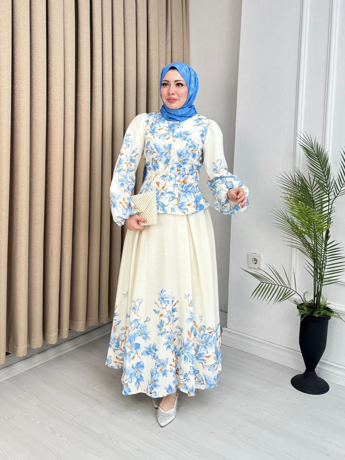 Hx4465-Lavinya Keten Takım-Mavi
