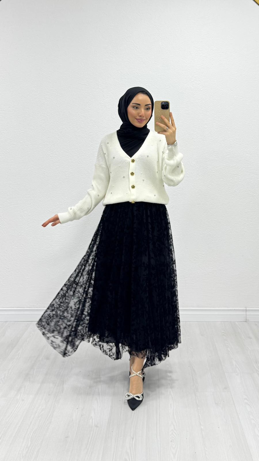 Hx7679-Romantik Tül Etek-Siyah