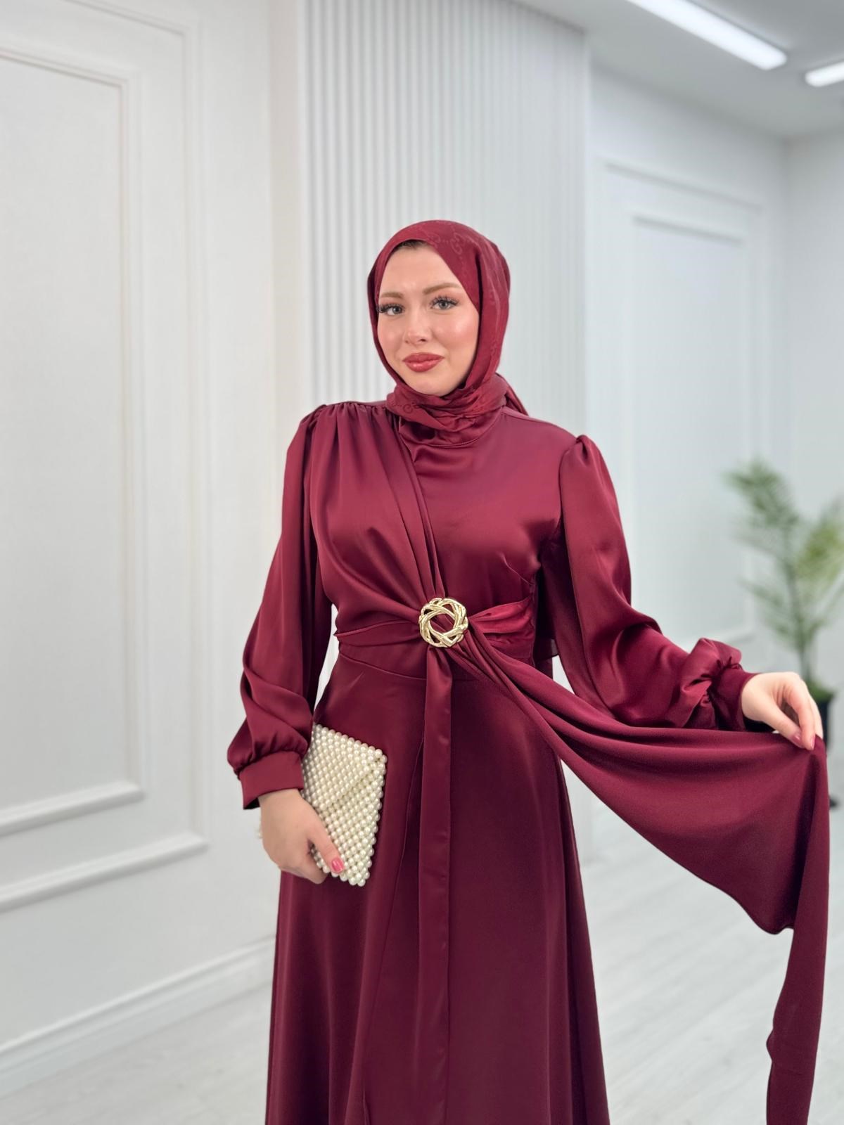 Kx2566-Asel İpek Saten Elbise-Bordo