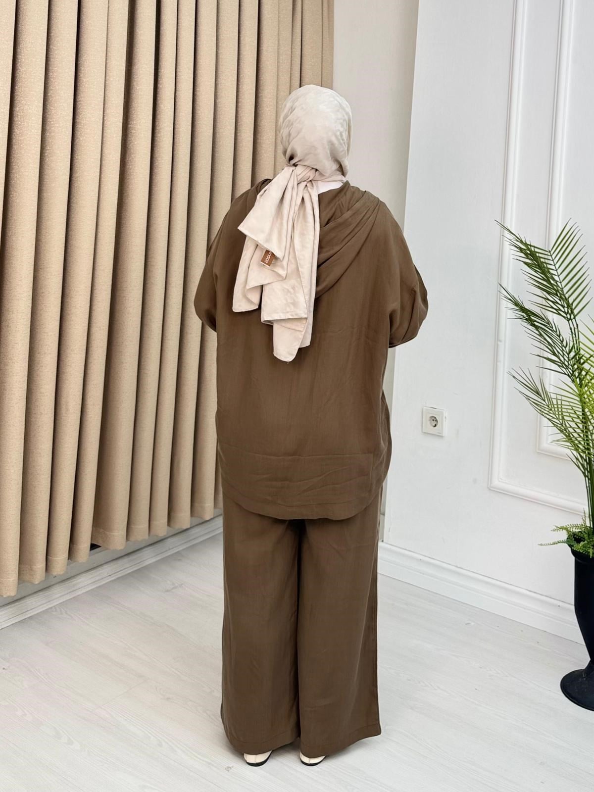 Lm5364-Fermuarlı Casual Pantolon Takım-Kahverengi